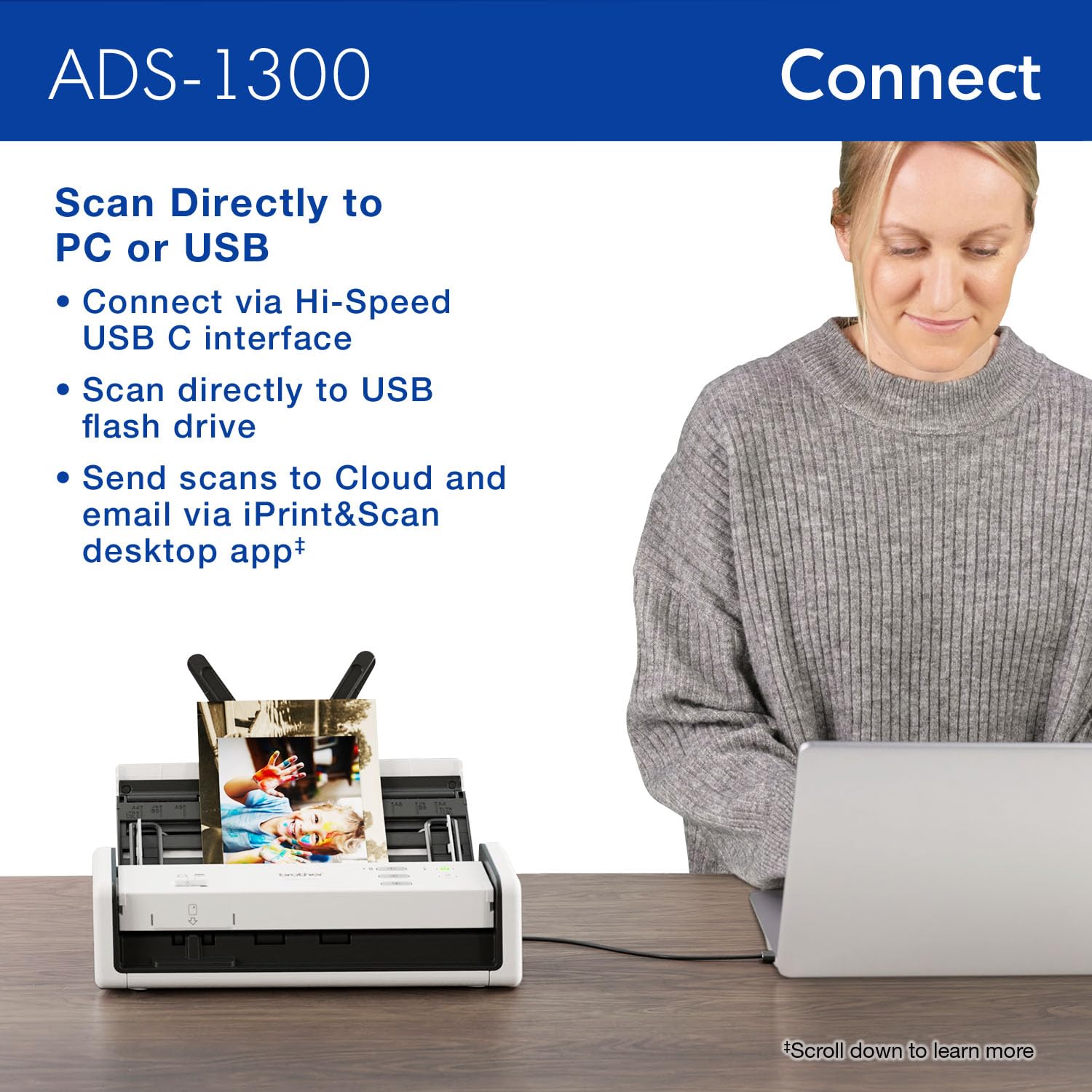 Brother Ads 1300 Compact Desktop Scanner | Scan Speeds Of Up To 30Ppm | Single Pass Double Sided Scanning