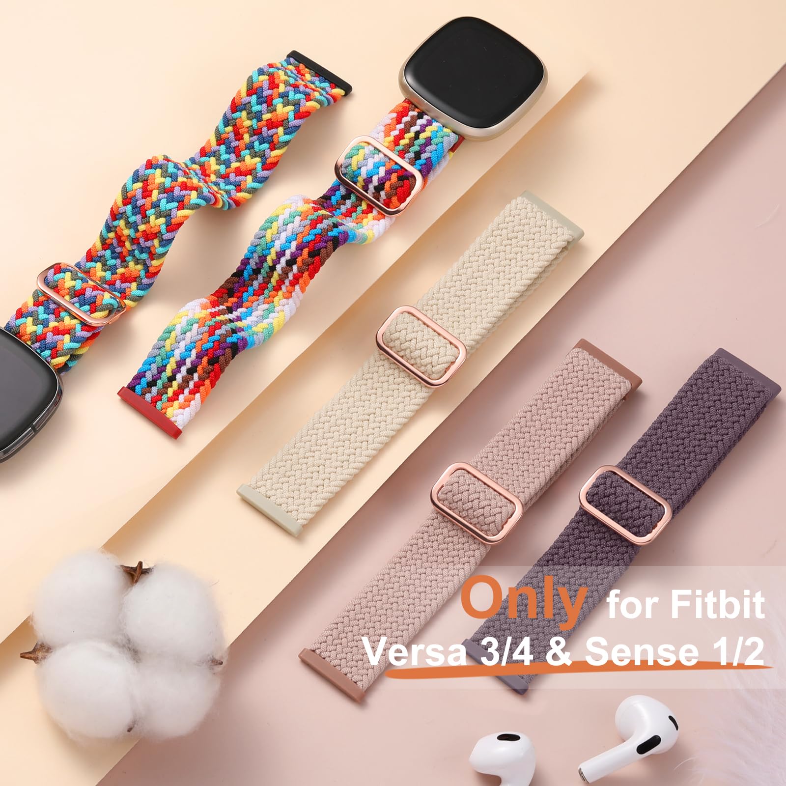 Maledan Braided Stretchy Band Compatible For Fitbit Sense/Fitbit Versa 3/ Versa 4/ Sense 2 Bands Women Men, Soft Elastic Strap B