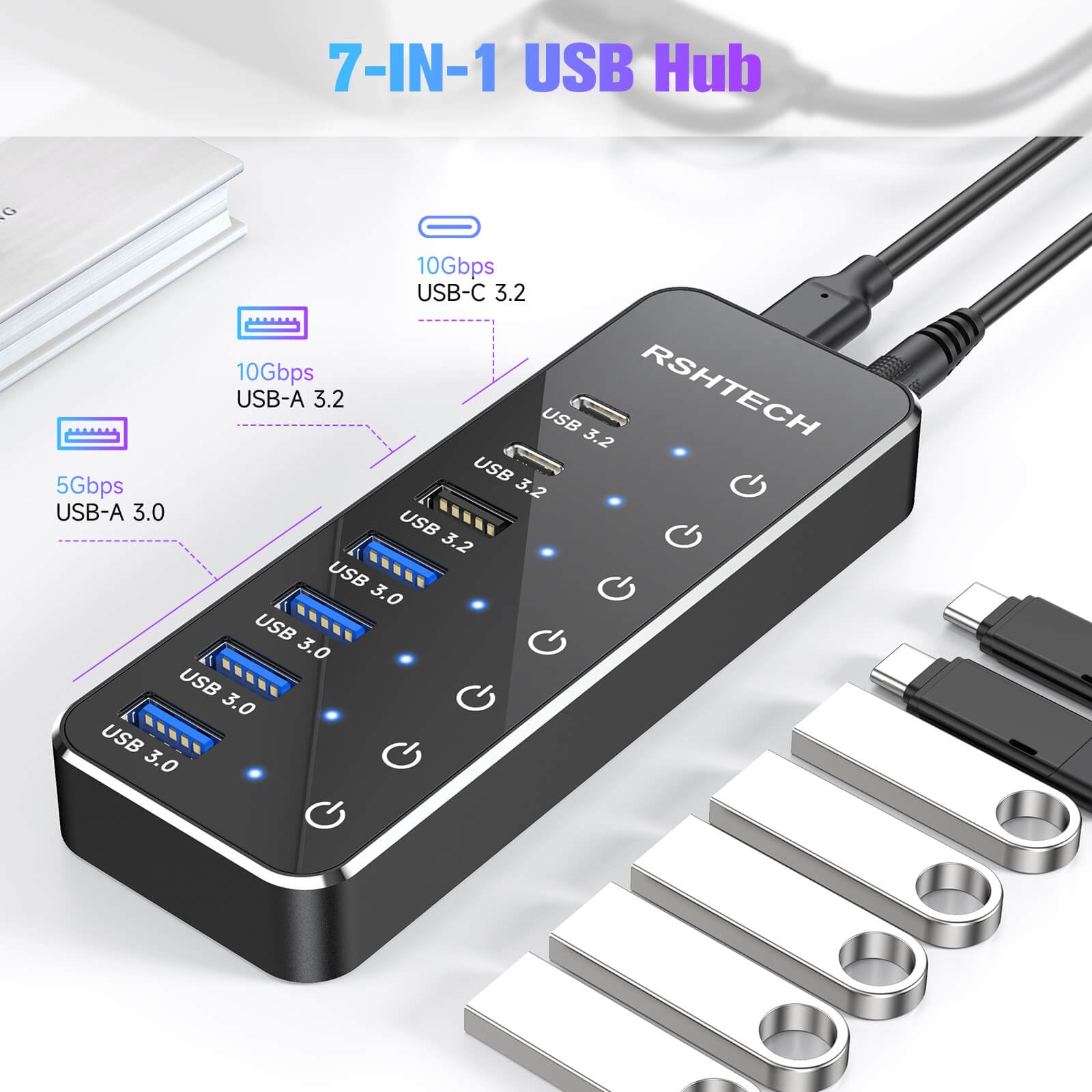 Rshtech 7 Port Powered Usb 3.2/Usb C Hub With 10Gbps Usb A 3.2, 2 Usb C 3.2, 4 Usb 3.0 Ports, Individual Touch Switches, 3.3Ft C