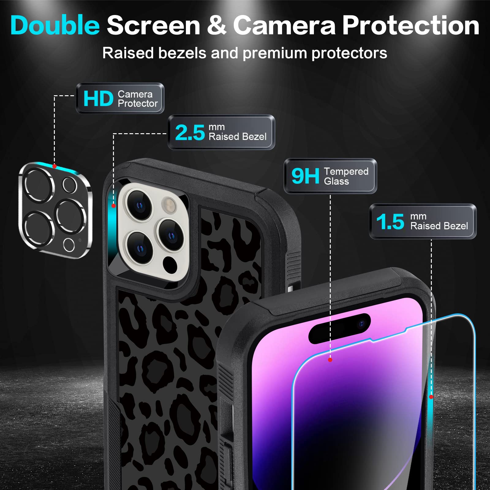LOQUPE iPhone 14 Pro Max 5-in-1 Shockproof Case with Screen & Camera Protectors, Polycarbonate Leopard Pattern