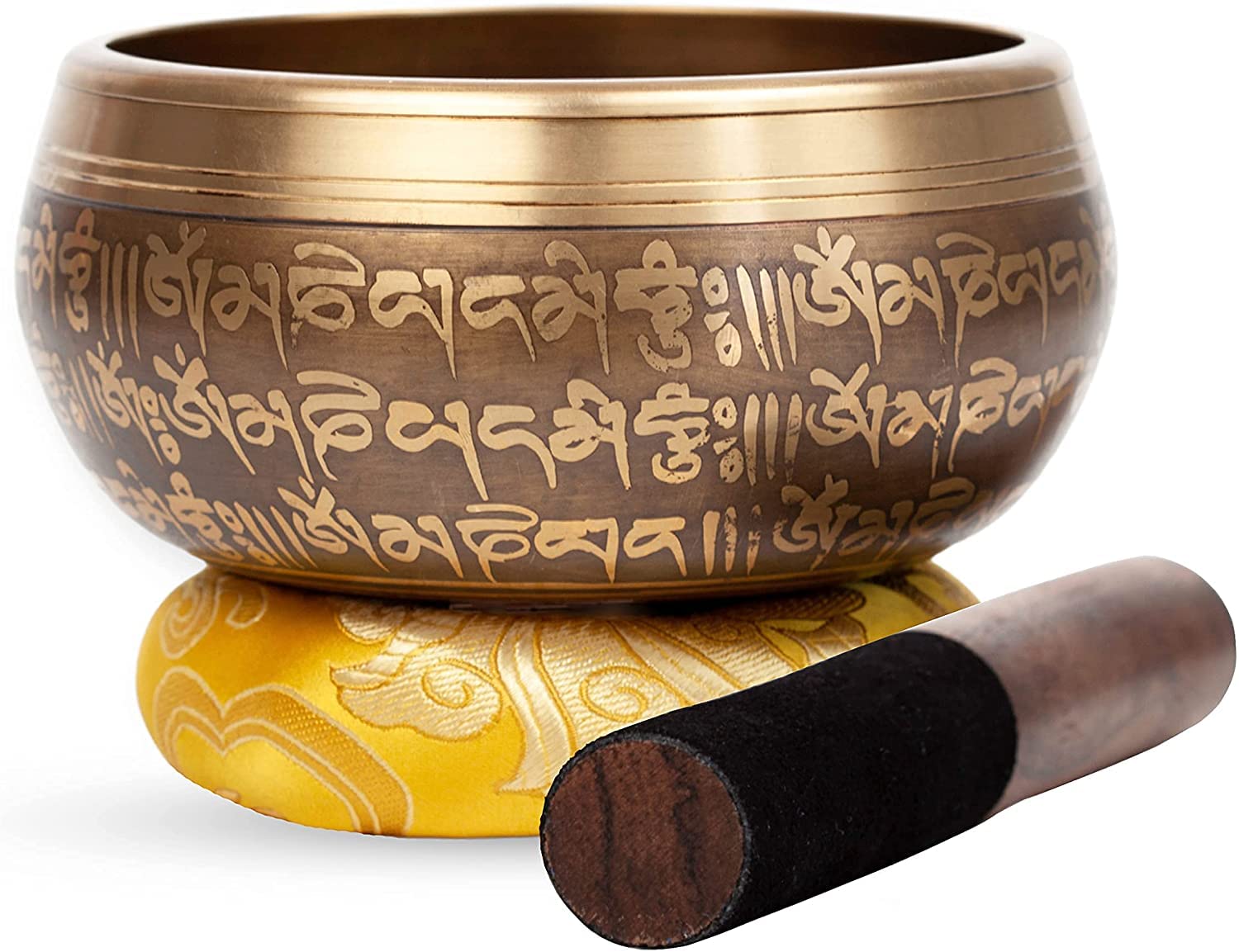 Large Tibetan Singing bowl Set - Bronze Style - Easy To Play - 5 Sound Yoga Bowl Mantra Design Mindfulness Meditation Healing So