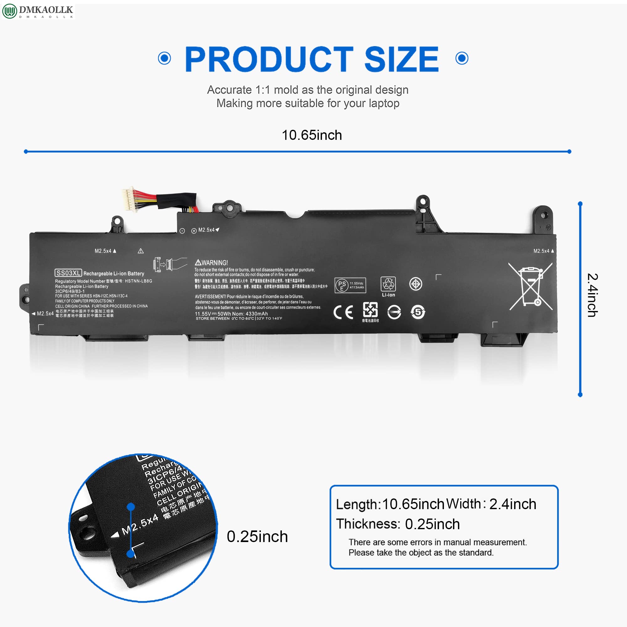 DMKAOLLK SS03XL Laptop Battery for HP EliteBook 840 G5 730 735 740 745 830 846 G5 735 745 830 840 G6 ZBook 14U G5 G6 Li-ion 11.55V 50Wh Black
