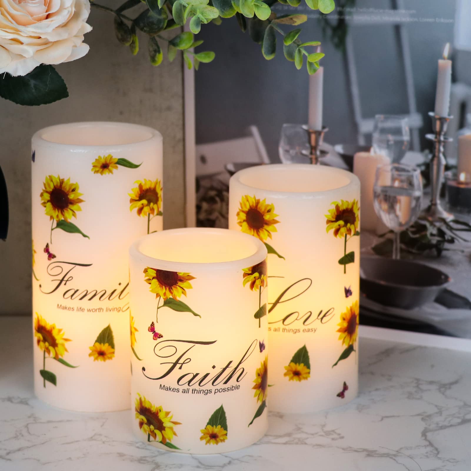 Dromance Sunflower Flameless Flickering Candles With 6H Timer, Set Of 3 Battery Operated White Real Wax Led Pillar Candles Party