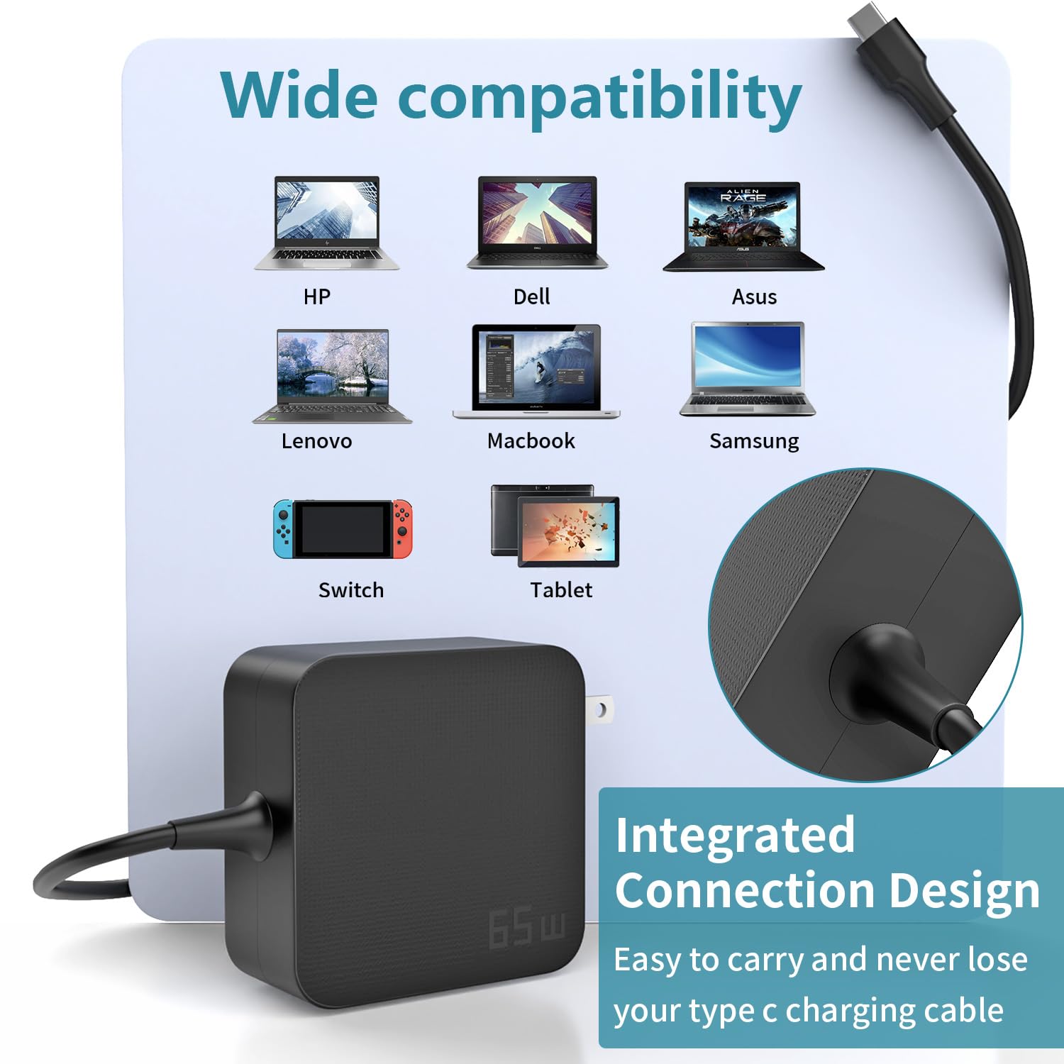 Paebai+ 65W Usb C Charger Type C Pd Wall Fast Power Adapter For Lenovo Thinkpad Yoga Hp Elitebook Spectre Dell Latitude Macbook