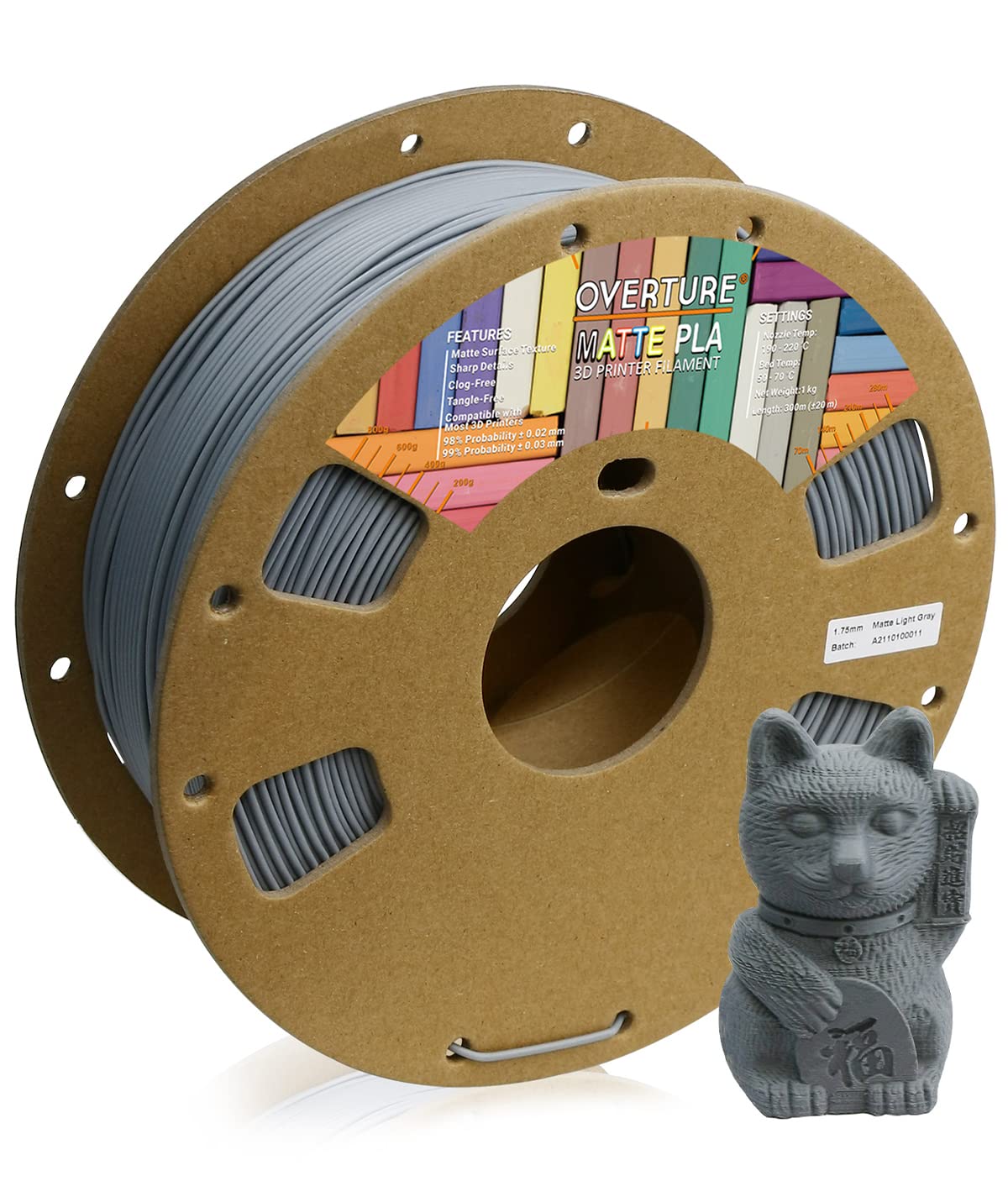Overture Pla Matte Filament 1.75Mm, Matte Pla Roll 1Kg Cardboard Spool (2.2Lbs), Dimensional Accuracy +/  0.03 Mm (Matte Light G