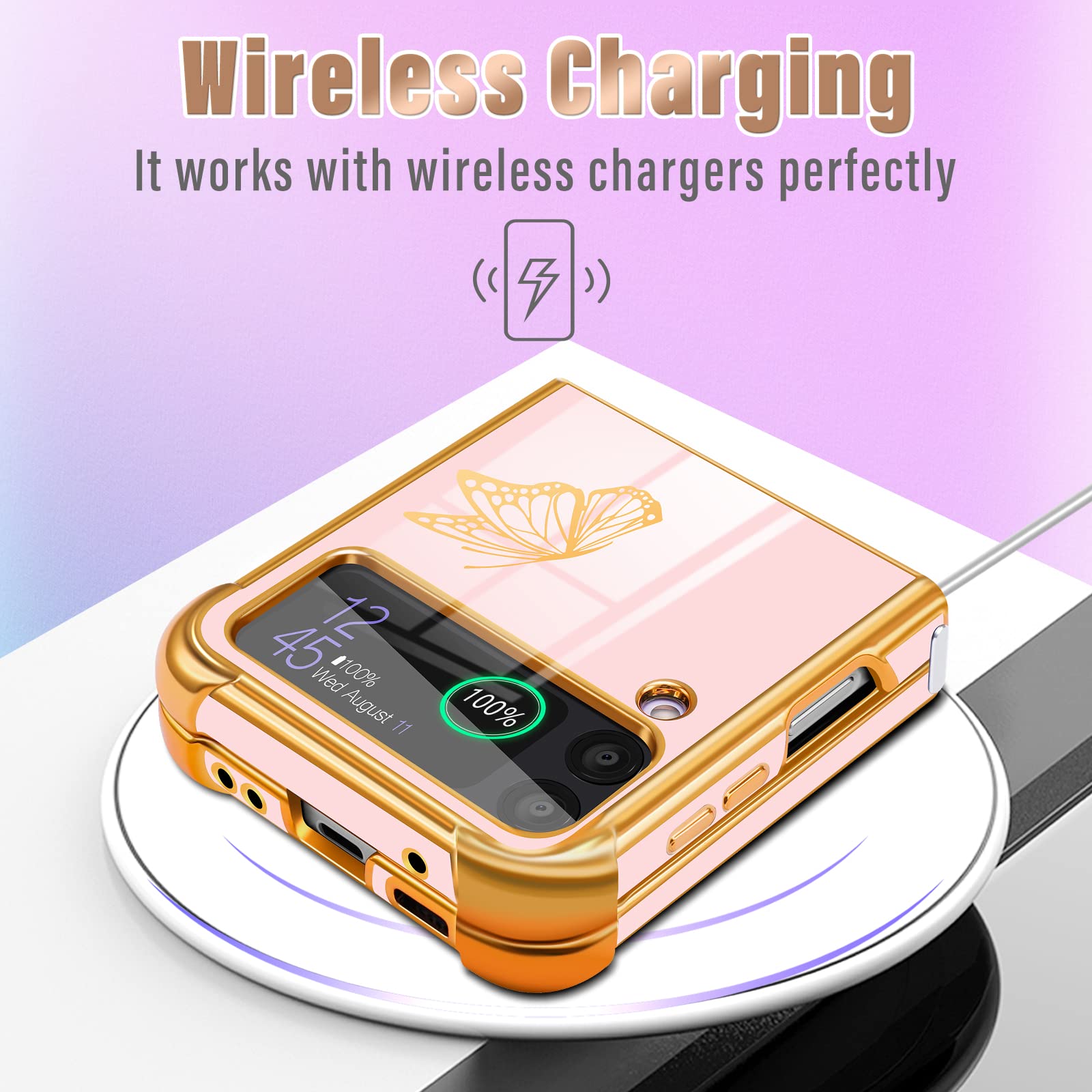 Goocrux For Samsung Galaxy Z Flip 3 Case Butterfly For Women Girls Girly Pretty Phone Cases Cute Pink And Gold Butterflies Patte