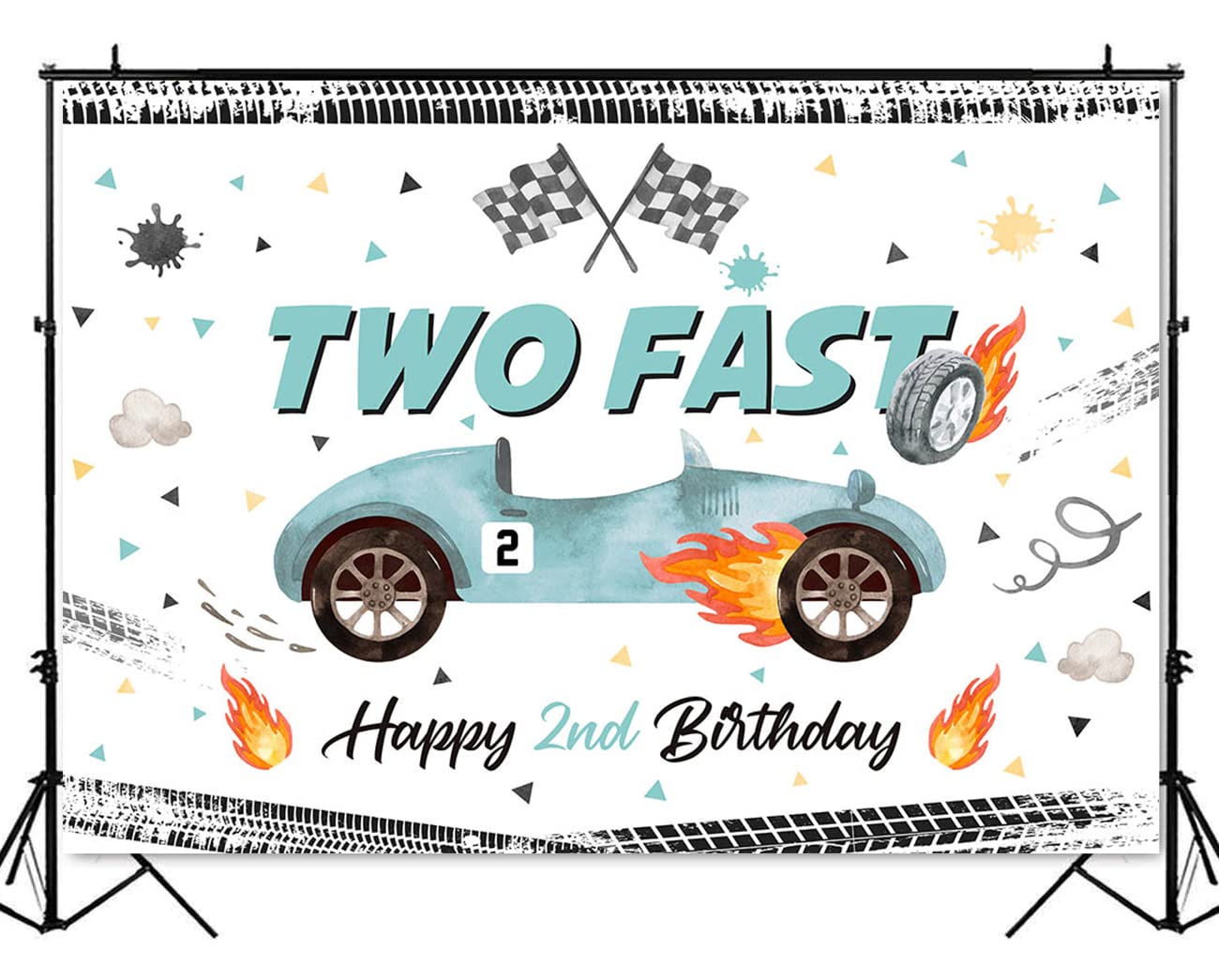 Mocsicka Two Fast Birthday Backdrop Race Car Happy 2Nd Birthday Photo Background Two Fast Birthday Decorations Photography Backg