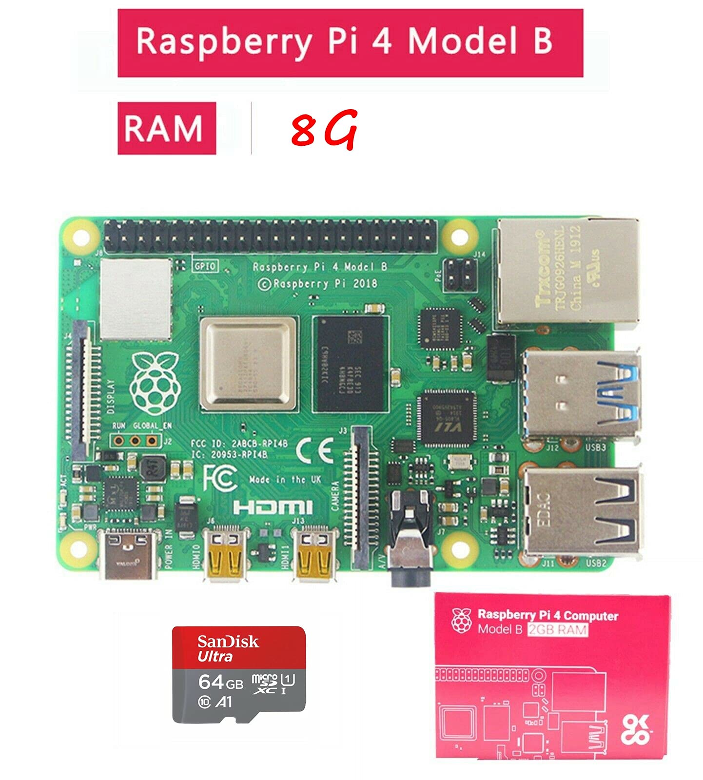 DIGISHUO Raspberry Pi 4 Model B 8GB RAM DIY Kit with Case Fan 64GB SD Card HDMI Cable Power Supply