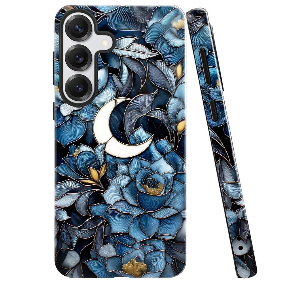 Case for Samsung Galaxy S25 Plus,Stained Glass Floral and Moon Phone Case Military-Grade Drop Protection Cover for Women Girl - 
