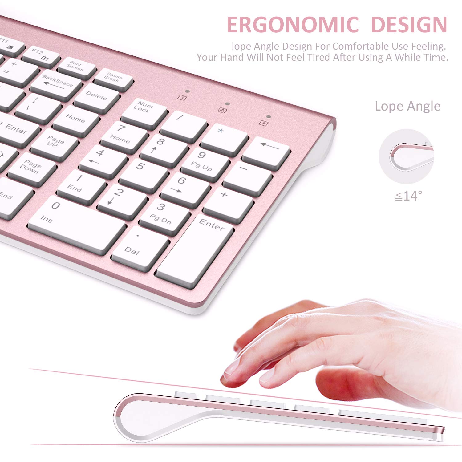 Wireless Keyboard And Mouse, Fenifox Full Size Whisper Quiet Compact Compatible With Mac Pc Laptop Tablet Notebook Windows   Rose Gold Pink