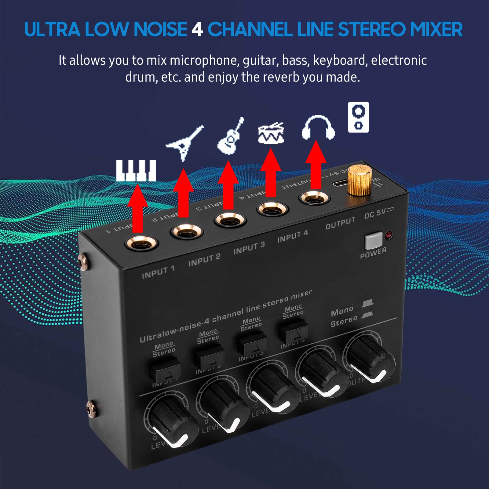 Btuty Ultra Low Noise 4 Channel Line Stereo Mixer 4 Input 1 Output Dc 5V Portable Mini Audio Mixer Microphone Guitar Bass Keyboa