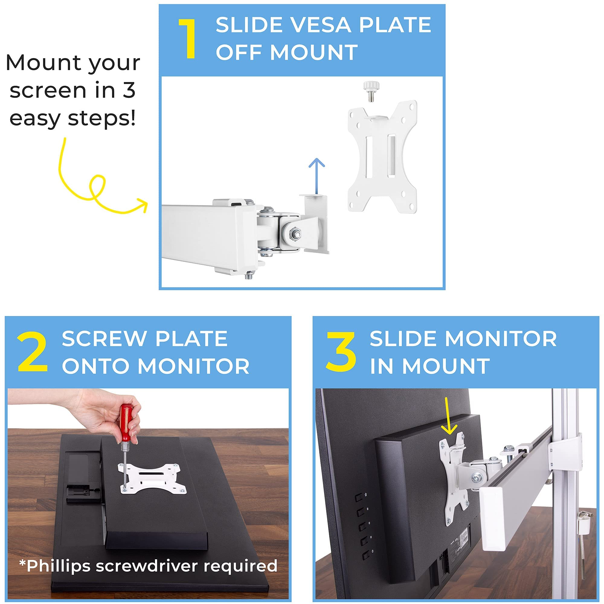 Stand Steady 4 Monitor Mount Desk Setup   Heavy Duty Height Adjustable Monitor Stand, Swivel Arm With Clamp On Base, Four Screen Vesa Mount Fits Most Lcd/Led Monitors 17 32 In. (Silver, 4 Mounts)
