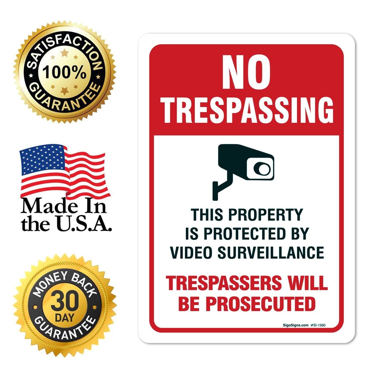 Sigo Signs Video Surveillance No Trespassing Sign, Cctv Security Camera, (2 Pack) 10X7 Inches, 4 Mil Vinyl Decal Stickers Weathe
