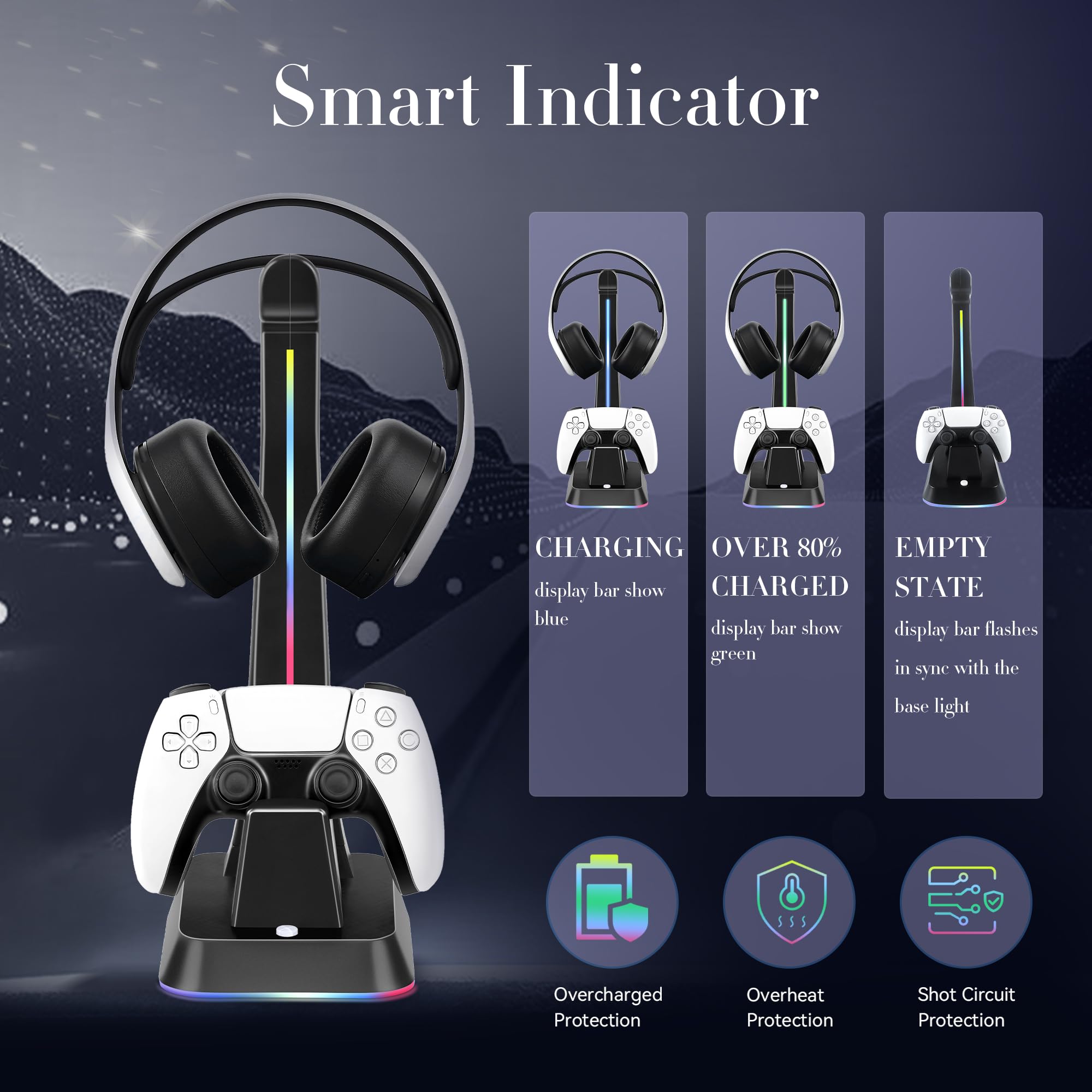 Jdgpokoo Ps5 Controller Charger Station With Rgb Headphone Stand, Ps5 Controller Charging Station With 2 Usb Port, Headset And C