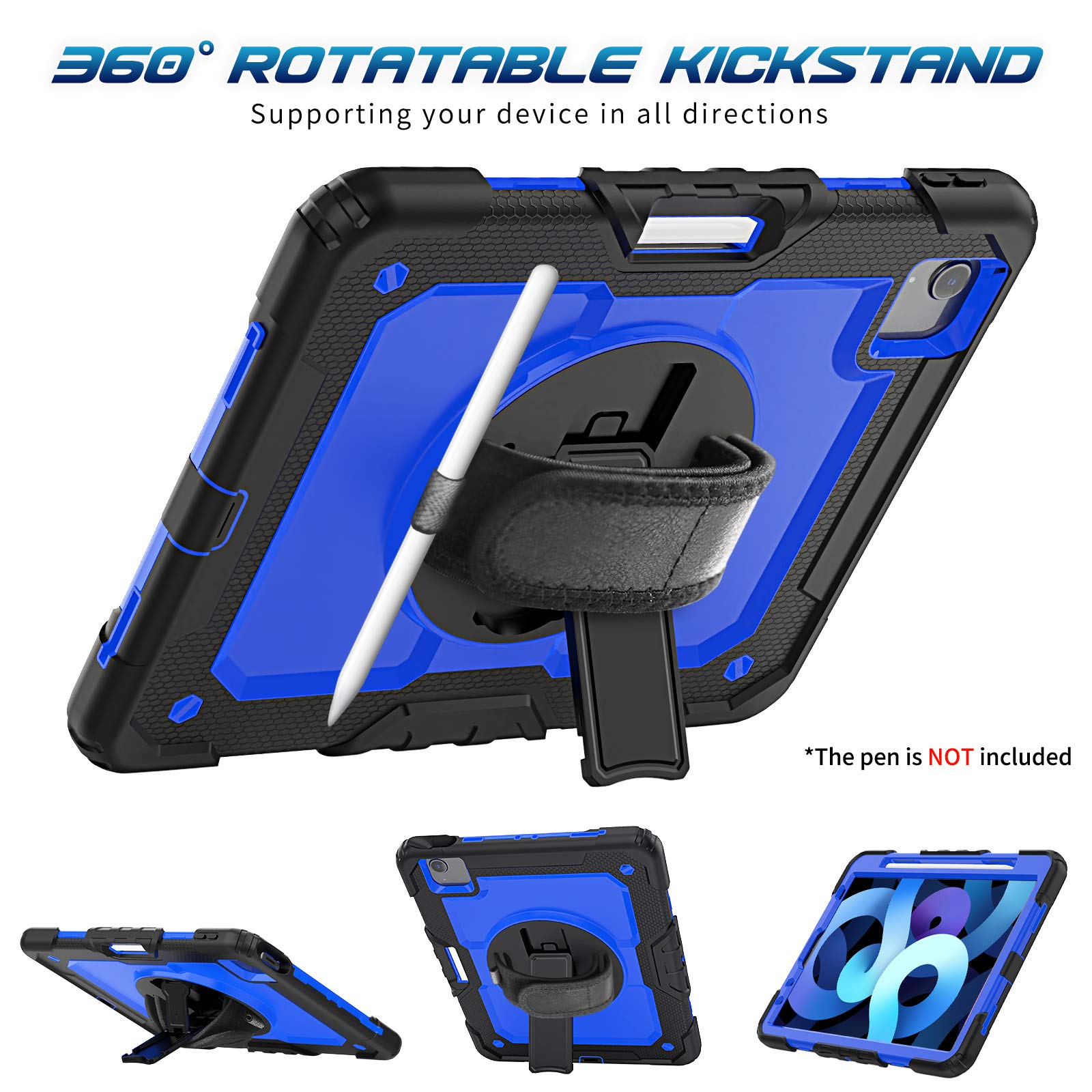 Timecity 3 Layer Heavy Duty Rugged Case For Ipad Air 5Th/4Th Gen, 10.9Inch, 2022/2020, W/Swivel Kickstand, Hand Strap, Pencil Ho