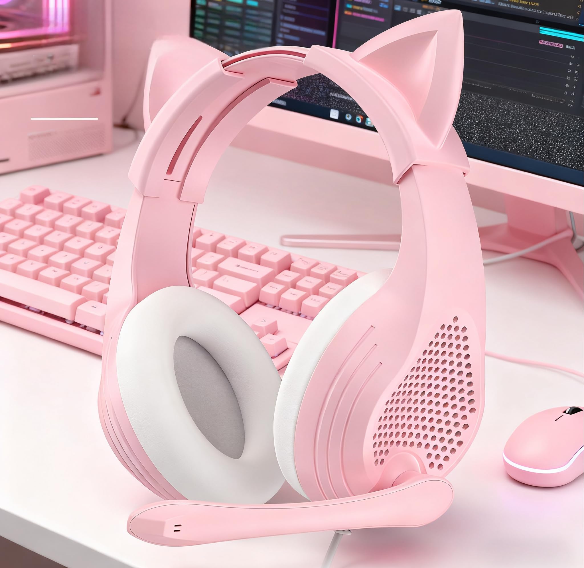 GIME Pink Gaming Headset - Cute Cat Ears Wired Over Ear Headphones with Mic - Compatible with Xbox/PS4/ PS5/ PC Computer/Laptop/