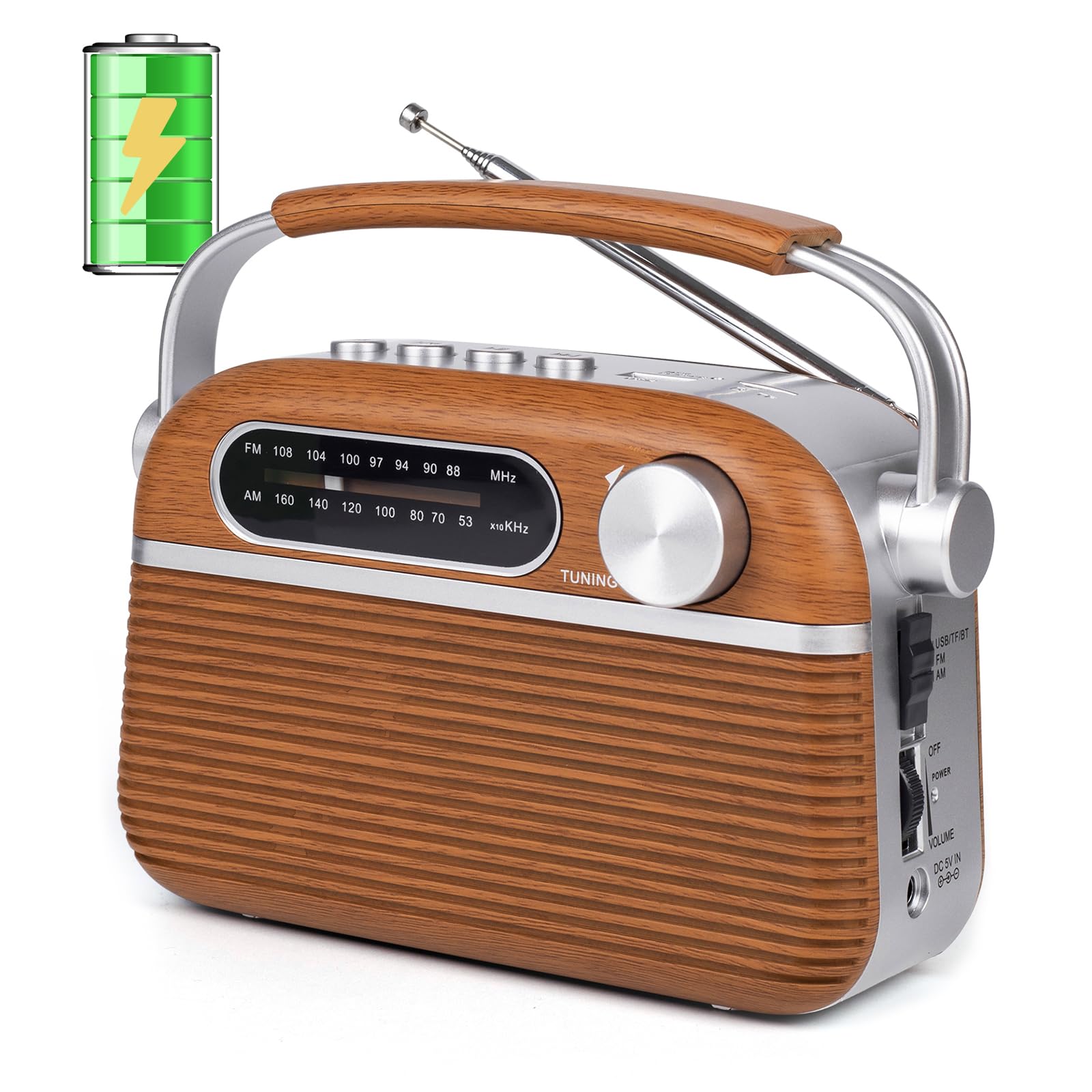 Ongteed Portable Am Fm Analog Radio Plug In Wall With Bluetooth Speak, 3 Way Power Sources, Built In Rechargeable Battery, Ac Or