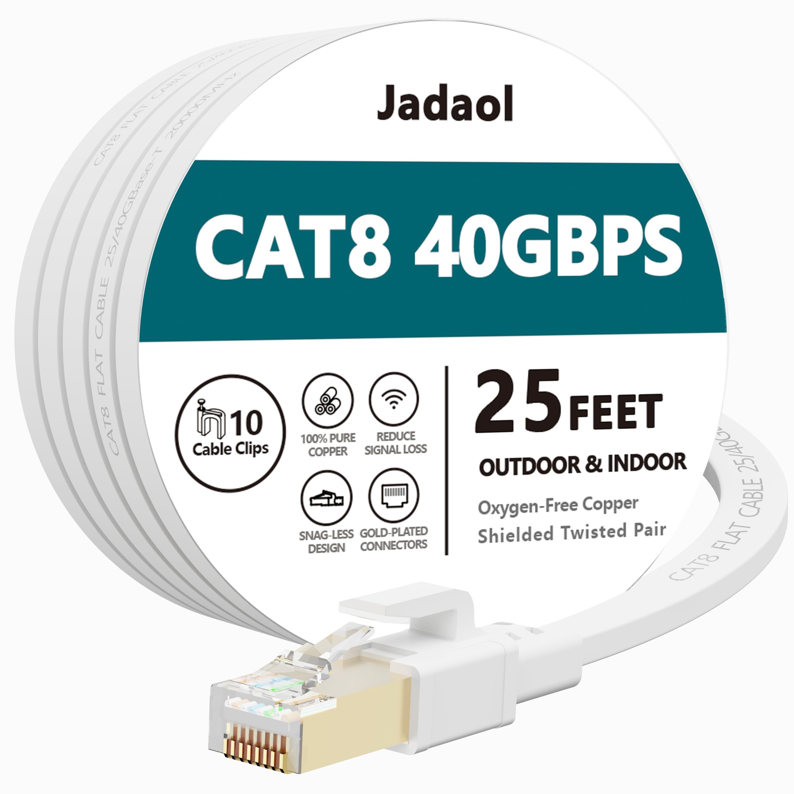 Cat8 Ethernet Cable, Outdoor&Indoor, 25 Ft Heavy Duty High Speed Cat 8 Lan Network Cable, 40Gbps 2000Mhz Rj45 Flat Internet Comp