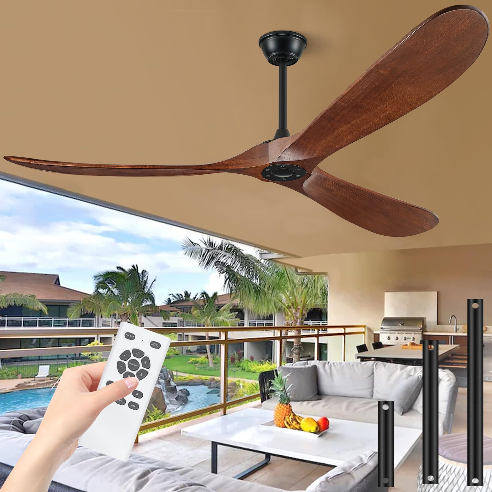 Boosant 72'' Ceiling Fans Without Lights, 72 Inch Ceiling Fan With Remote, High Cfm Quiet Wooden Walnut Ceiling Fans, Large Outs
