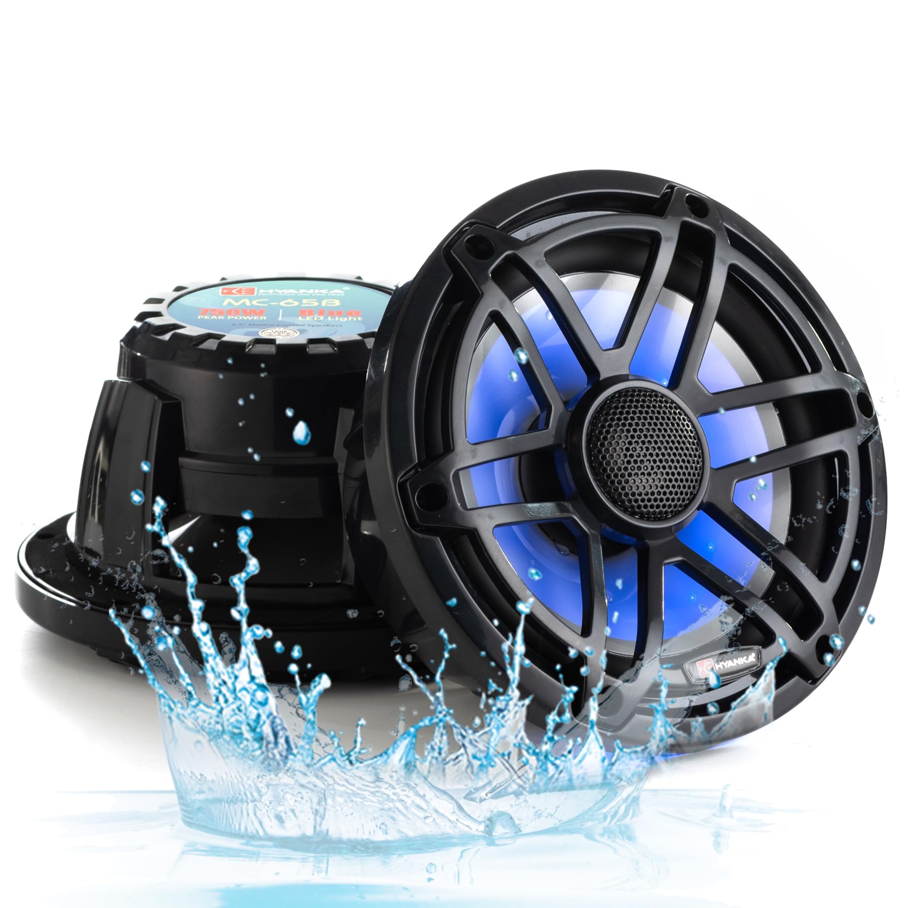 H YANKA MC-65B 6.5 Marine Speakers - 750W 2-Way IP67 Waterproof Marine Stereo System with Blue LED Light, Full Range Sound, Prof