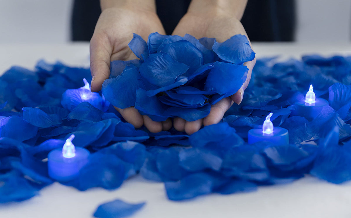 Lanker 500 Pcs Blue Artificial Rose Petals With 24 Pcs Flickering Blue Flameless Tea Lights Candles For Valentine'S Day And Roma