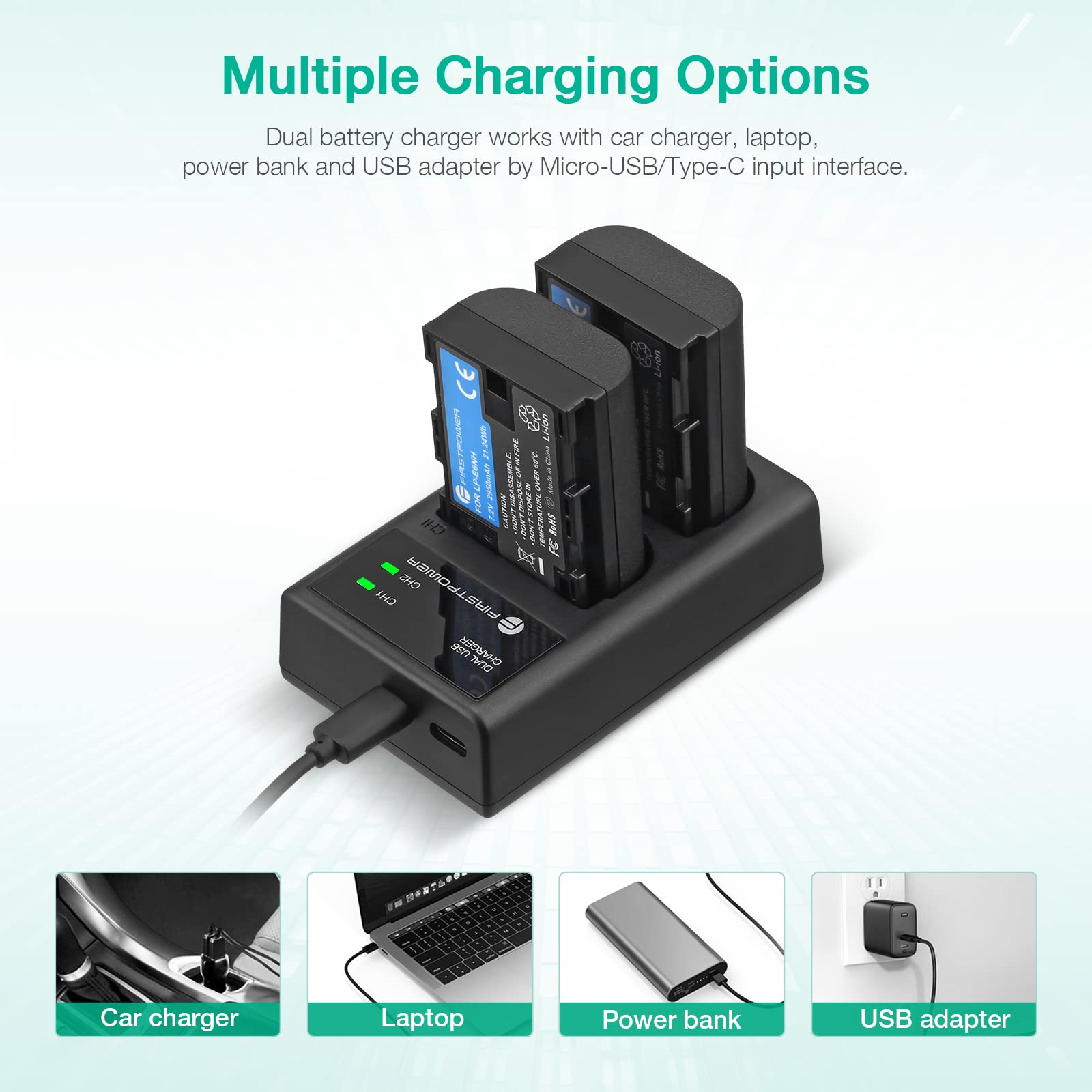 Firstpower Lp E6Nh Battery And Usb Dual Charger Compatible With Canon Eos R, R5, R6, 5D Mark Ii Iii Iv, 5Ds, 6D, 6D Mark Ii, 7D,