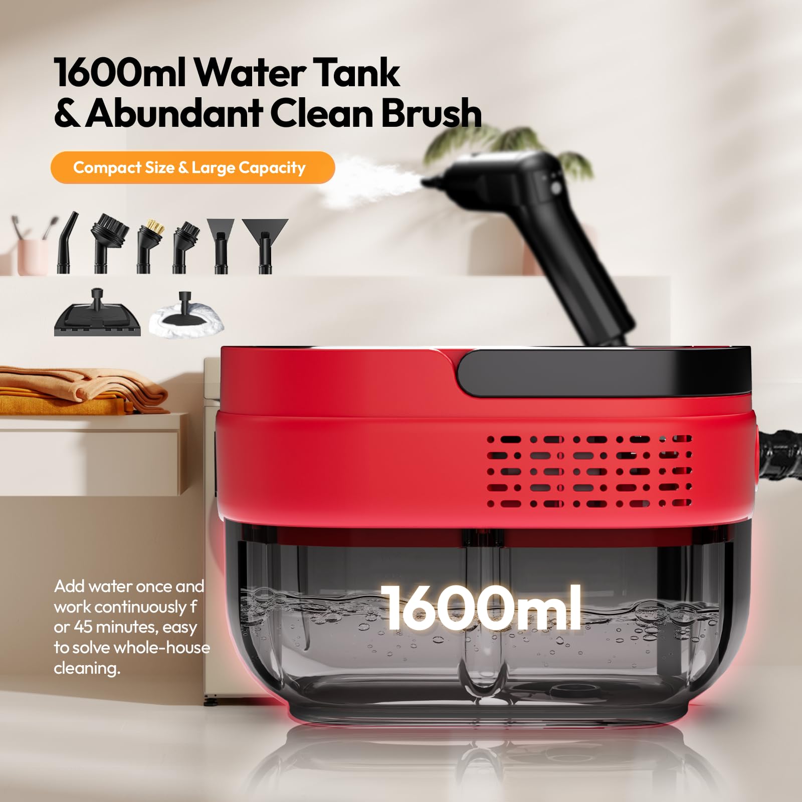 Steam Cleaner, 2500W Steamer For Cleaning, 3-Garde Adjustable Handle, 1.6L Water Tank, Steam Cleaner For Home, Fast Heat Handhel