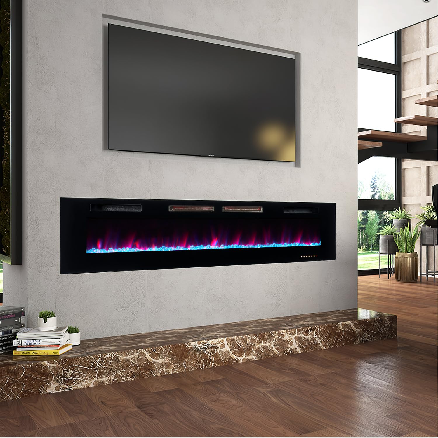 Oneinmil Electric Fireplace, 68 Inch Wide Recessed/Wall Mounted Electric Fireplace, Remote Control With Timer 12 Adjustable Colo