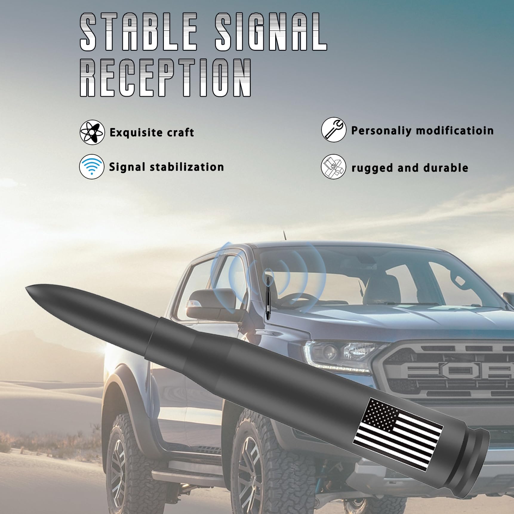 American Flag Car Truck Antenna With Valve Stem Caps, Universal Mast For Gm Chevy Silverado 1500 2500 3500 Hd Avalanche Ford F15