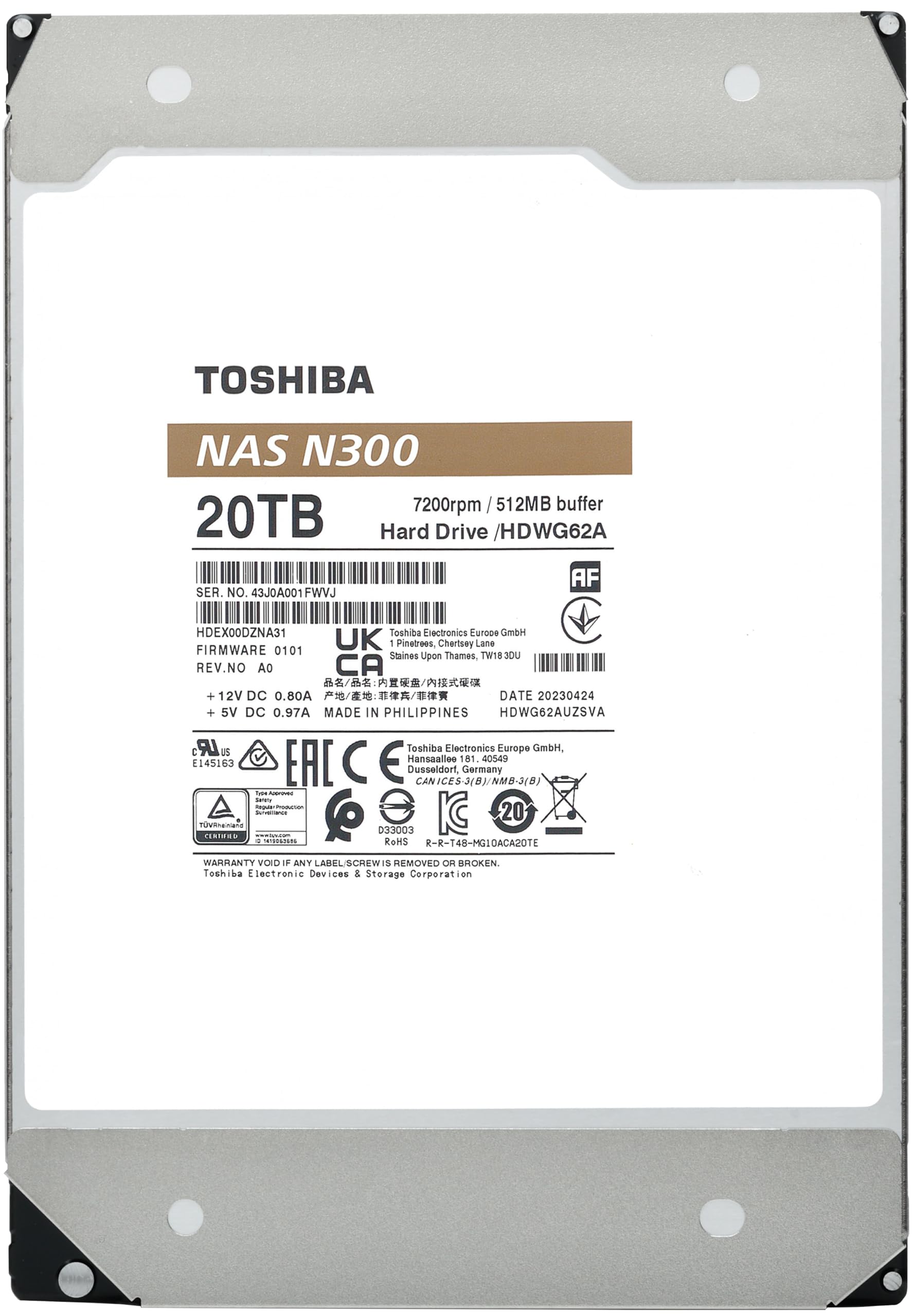 Toshiba N300 20Tb Nas 3.5 Inch Internal Hard Drive   Cmr Sata 6 Gb/S 7200 Rpm 512 Mb Cache   Hdwg62Axzsta