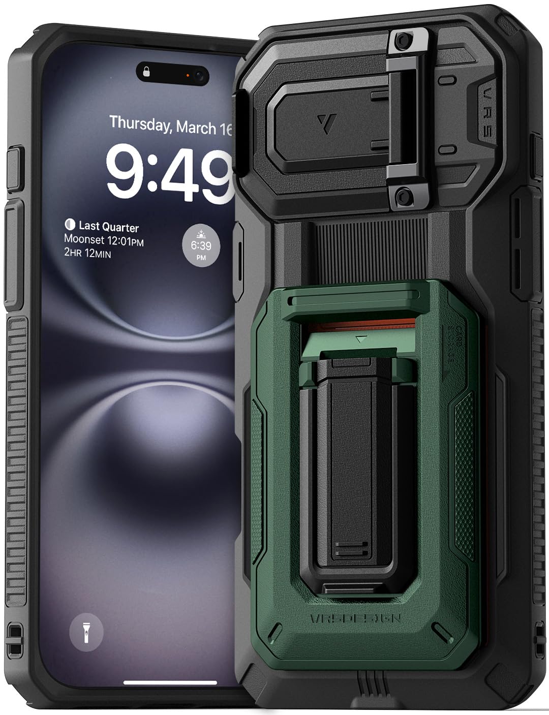 VRS DESIGN Origin Wallet Card Holder Case [3 Cards] for iPhone 16 Plus (2024), Rugged Semi-Automatic 3-Card Slot & Kickstand Cas