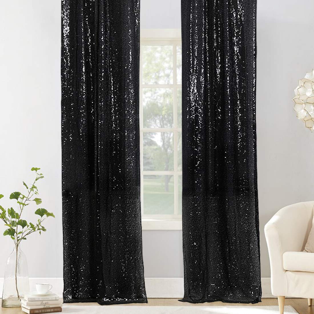 Partydelight Black 2Ft X 8Ft Sparkly Sequin Backdrop Curtains, 2 Panels, For Wedding, Party, Room Decorations.