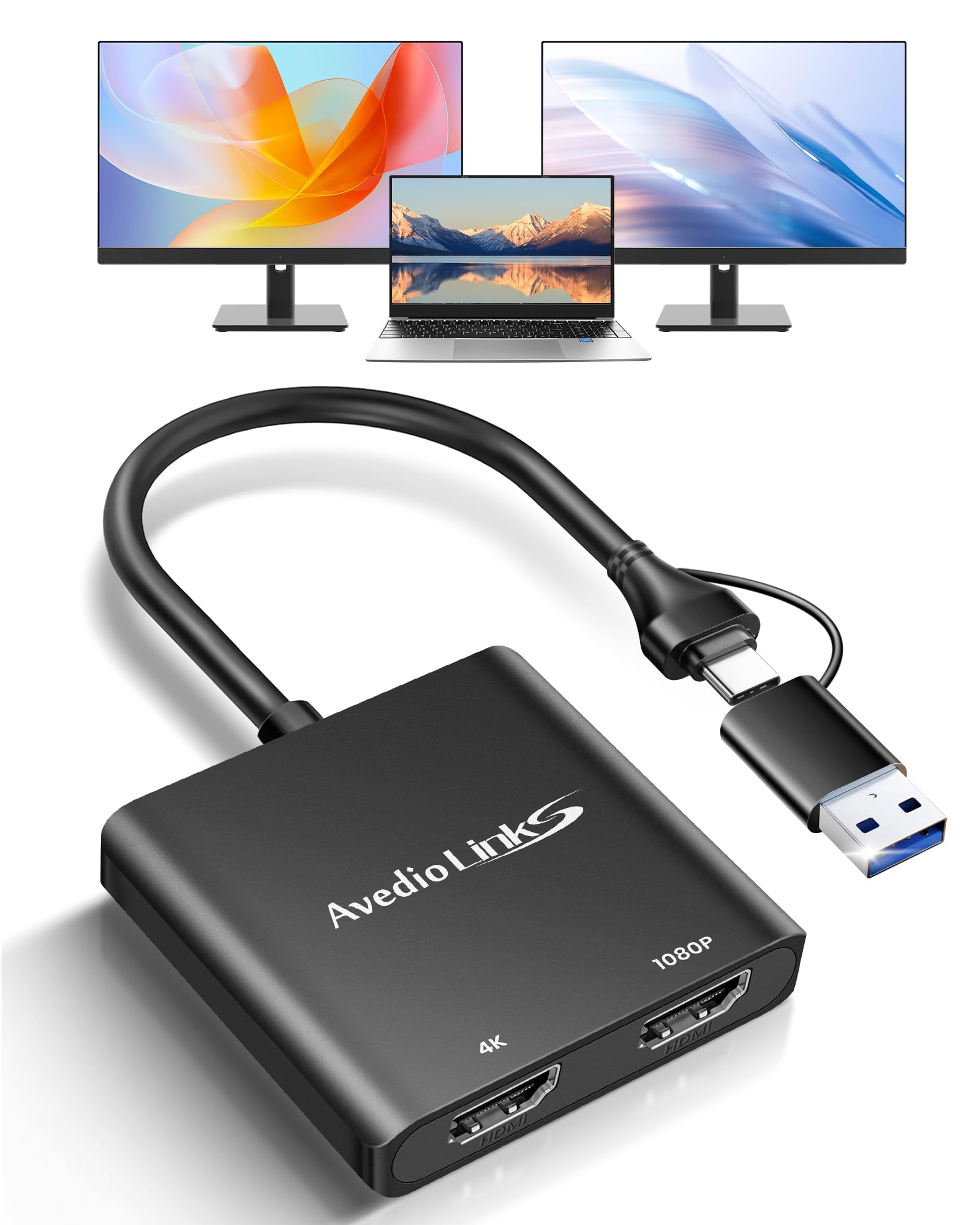 Avedio Links Usb C/Usb 3.0 To Hdmi Splitter Extended Display, Usb C To Hdmi Adapter For Windows And Mac Os, Support Displaylink