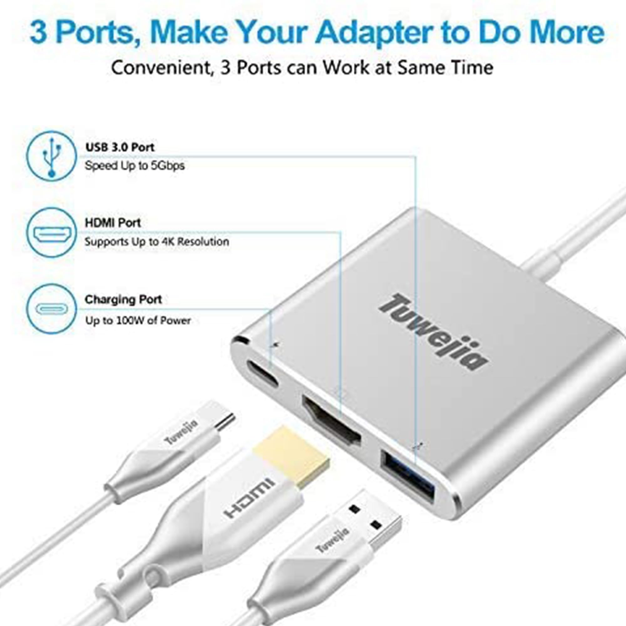 Tuwejia Usb C To Hdmi Multiport Adapter Usb 3.1 Gen 1 Thumderbolt 3 To Hdmi 4K Video Converter /Usb 3.0 Hub Port Pd Quick Chargi