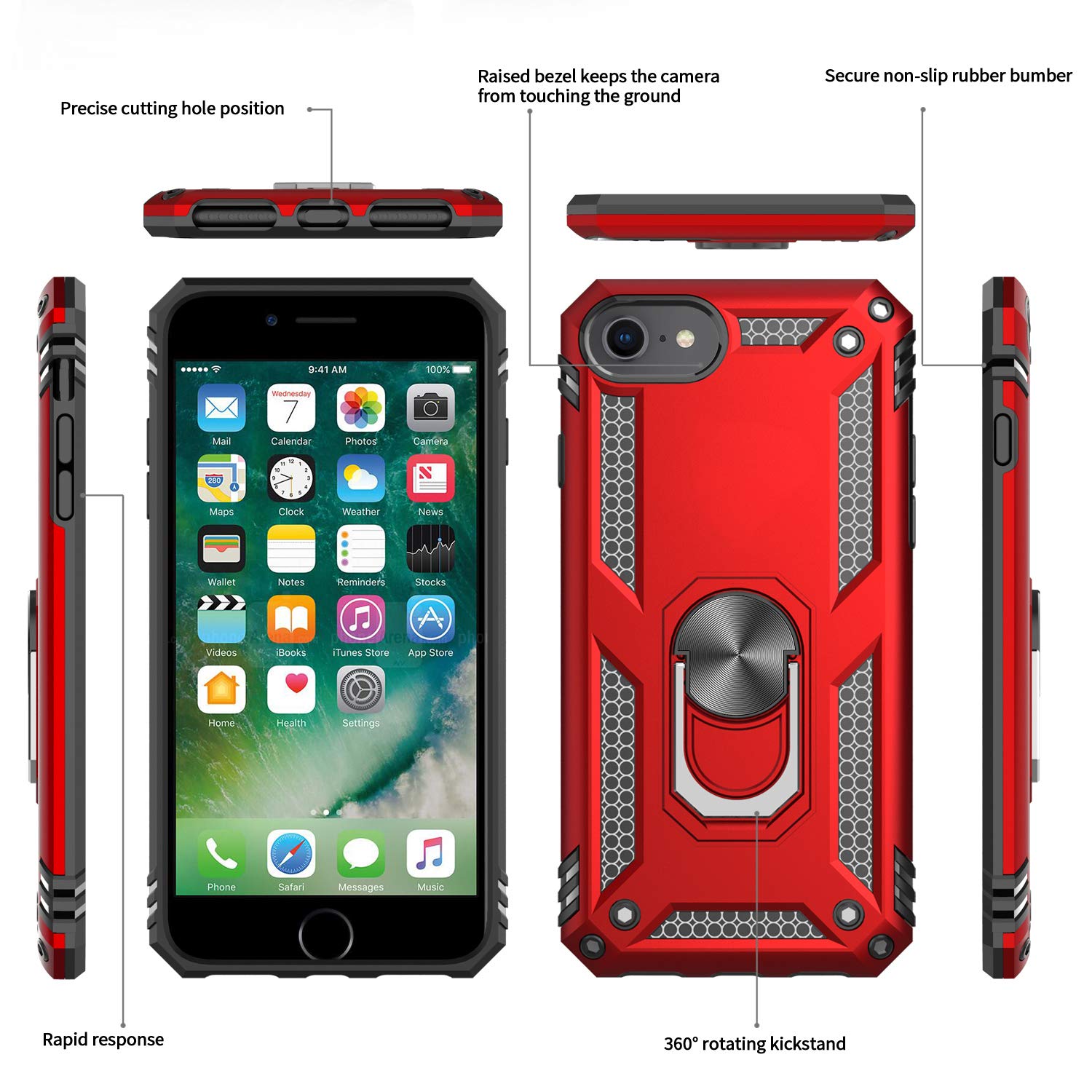 Leyi For Iphone Se 2022/2020 Case (3Rd Gen), Military Grade With Magnetic Kickstand, 2 Pack Tempered Glass Screen Protector, Red