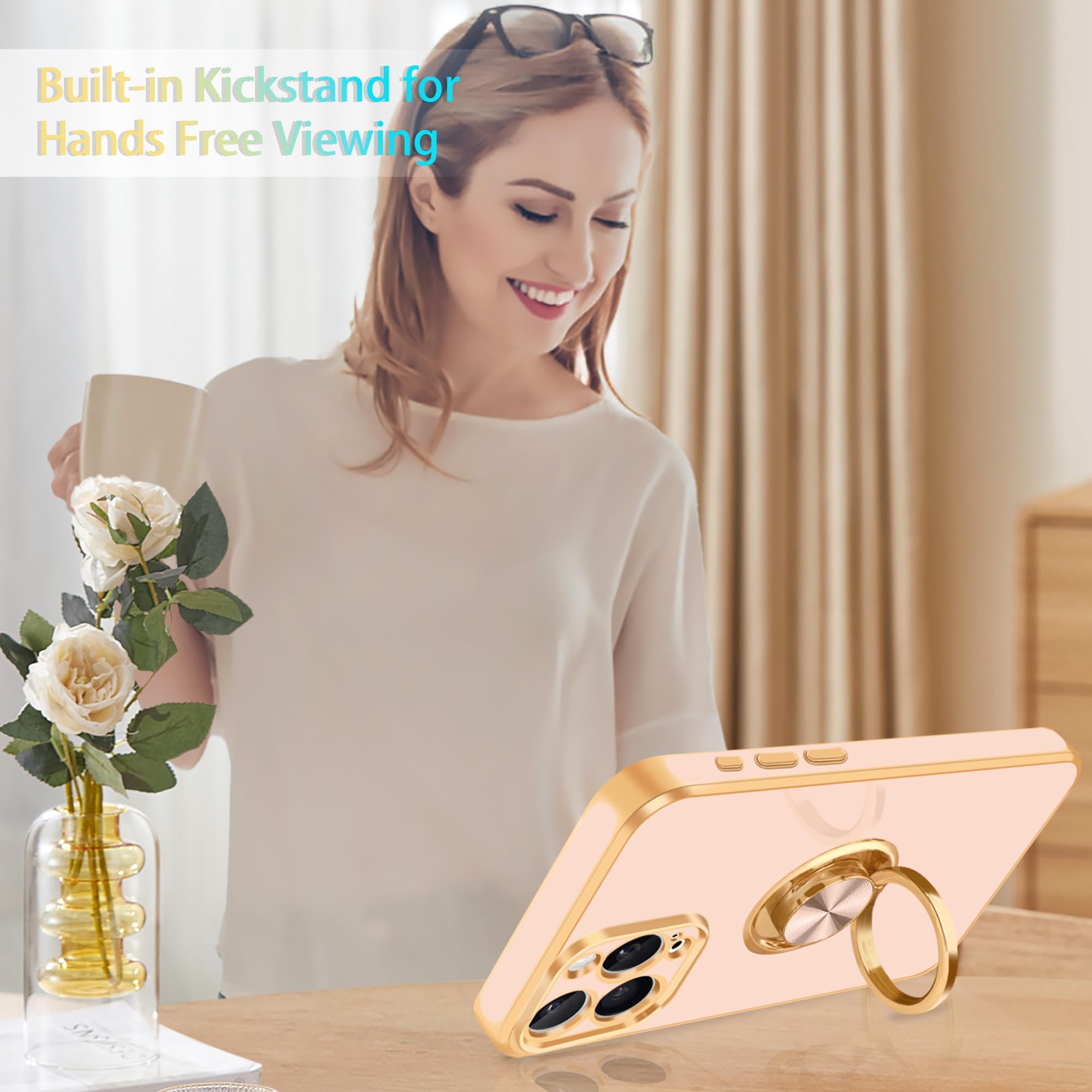 Fingic For Iphone 15 Pro Phone Case[With 360 Ring Holder][Support Magnetic Car Mount] Cute Kickstand Slim For Women Nonslip Soft