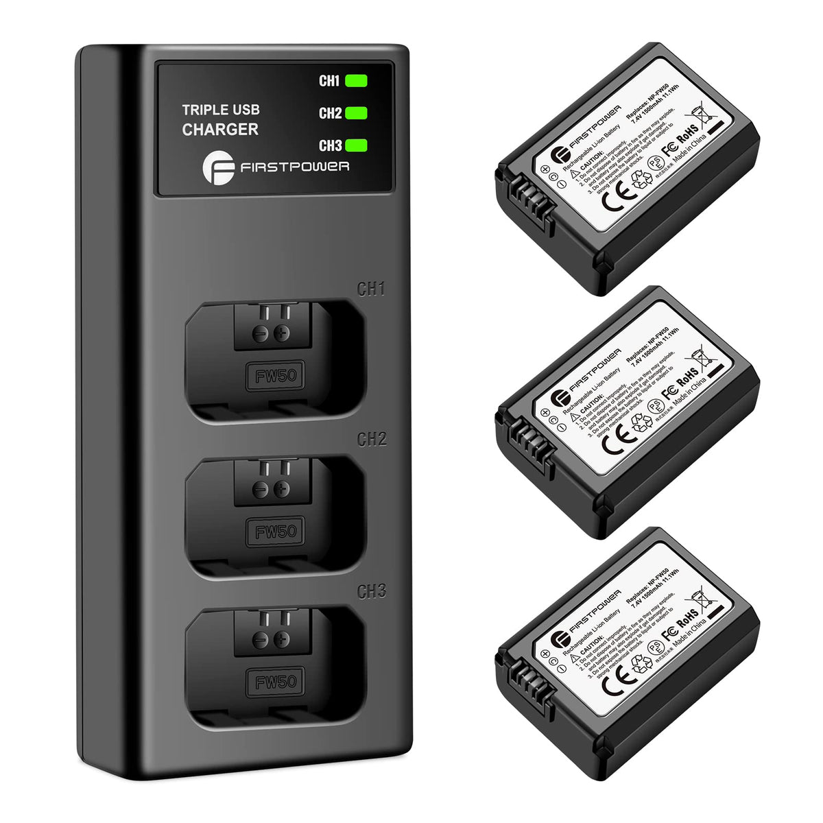 Firstpower Np Fw50 Battery 3 Pack And Triple Slot Charger For Sony Alpha A6000 A6300 A6400 A6500 A7 A7Ii A7Rii A7Sii A7S A7S2 A7
