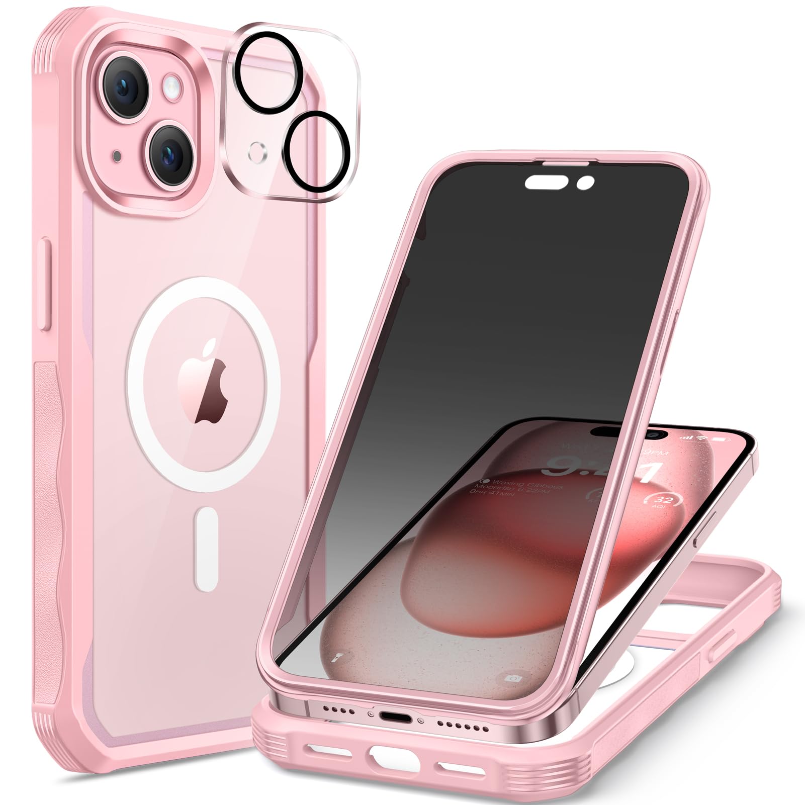 seacosmo for iPhone 15 Case, Full Body Bumper with Built-in 9H Tempered Glass Privacy Screen and Camera Lens Protector, Compatib