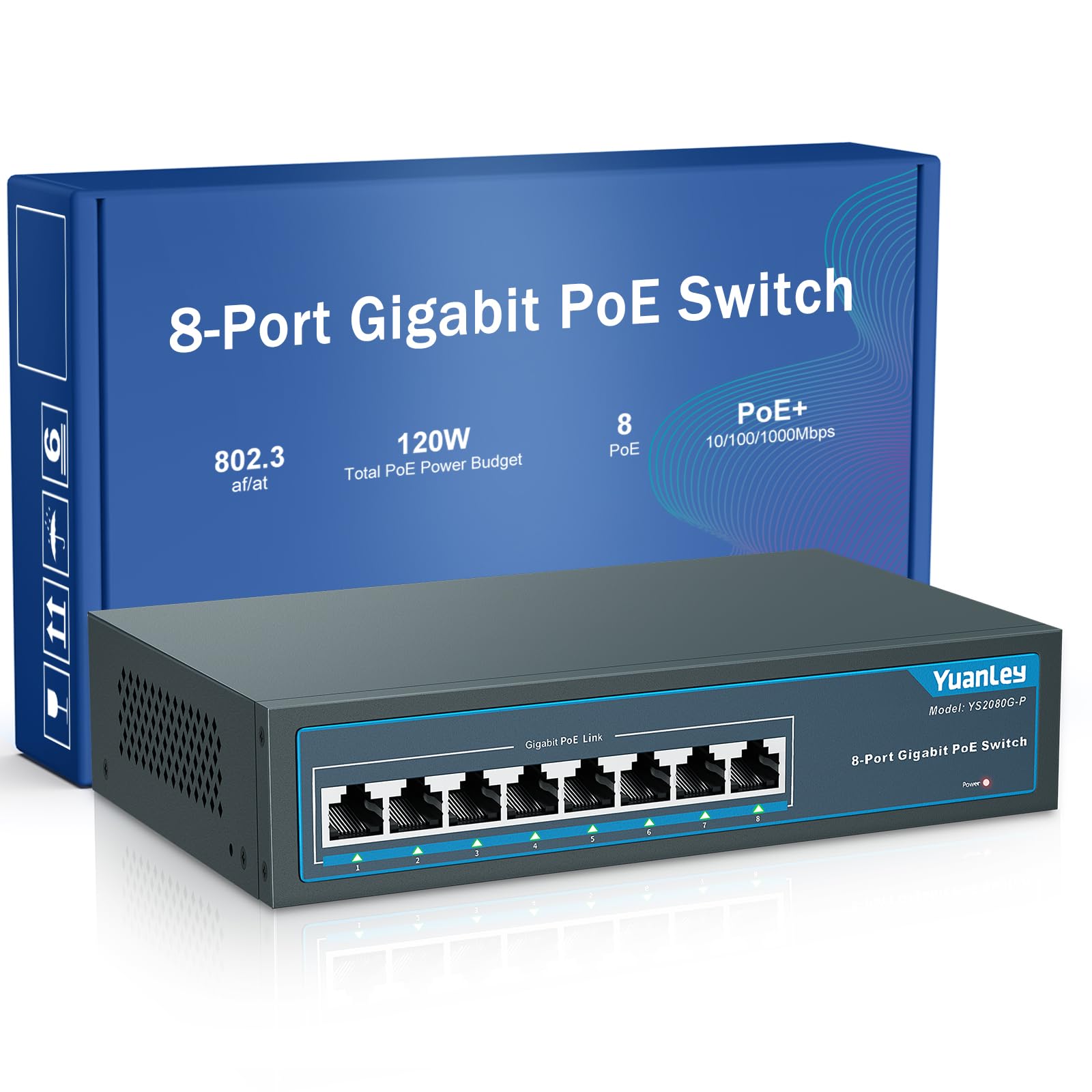 Yuanley 8 Port Gigabit Poe Switch, 8 Poe+ Ports 1000Mbps, 120W 802.3Af/At, Metal Fanless Unmanaged Plug And Play
