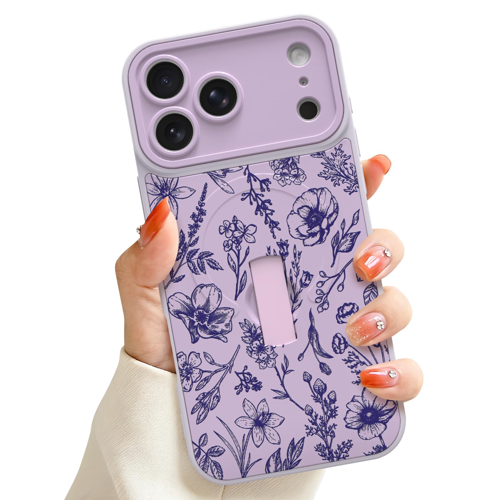 ZIYE Magnetic for iPhone 17 Pro Case with Finger Strap Kickstand, Compatible with Magsafe, Aesthetic Elegant Flowers with Phone 