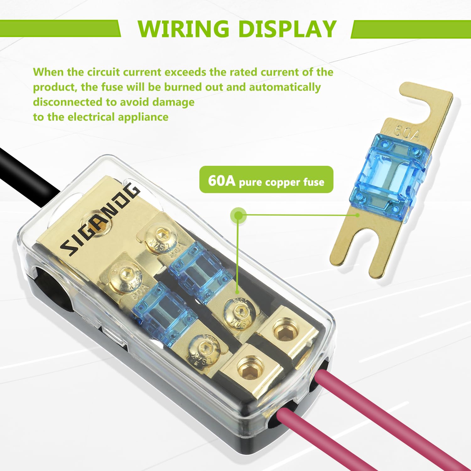 Sigandg 2 Way Anl Fuse Holder With 60A Mini Fuse, 0/2/4 Gauge In 4/8 Gauge Out Fuse Distribution Block, 12V Used For Audio Stere