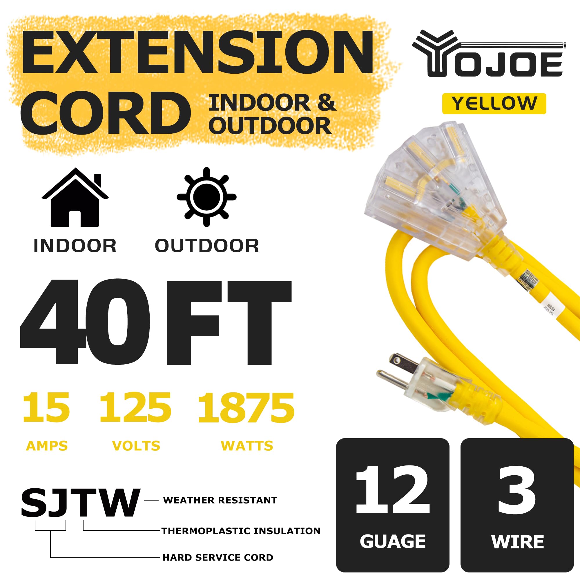 Yojoe 3 Outlets Indoor Outdoor Extension Cord With Lighted End, 3 Prong 15A Weatherproof Power Cord, 12 Gauge Heavy Duty 40 Ft Y