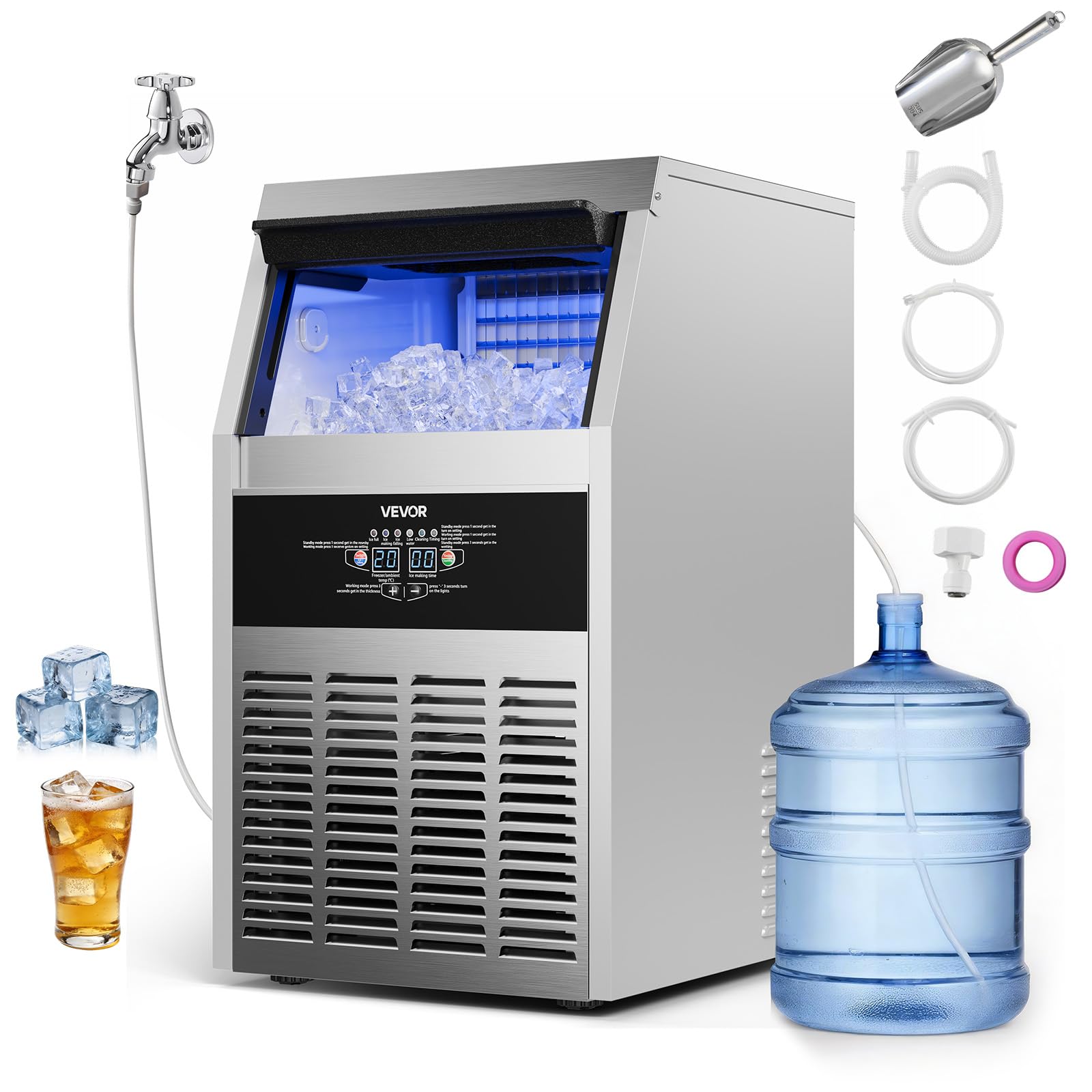 VEVOR Commercial Ice Maker Machine, 150 lbs/24h with 30 lbs Storage Capacity, Built-in/Freestanding/Under Counter, Stainless Ste