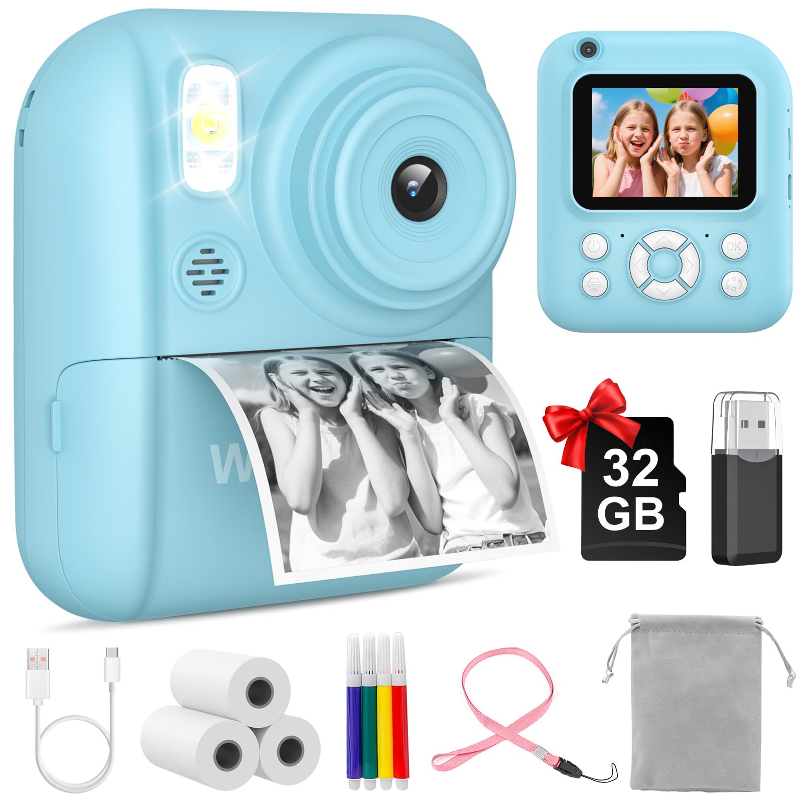 W & O Kids Camera Instant Print,Instant Camera for Kids,2.5K UHD Digital Camera with 2.6 LCD, Dual Camera,16X Zoom, Games, 32G S