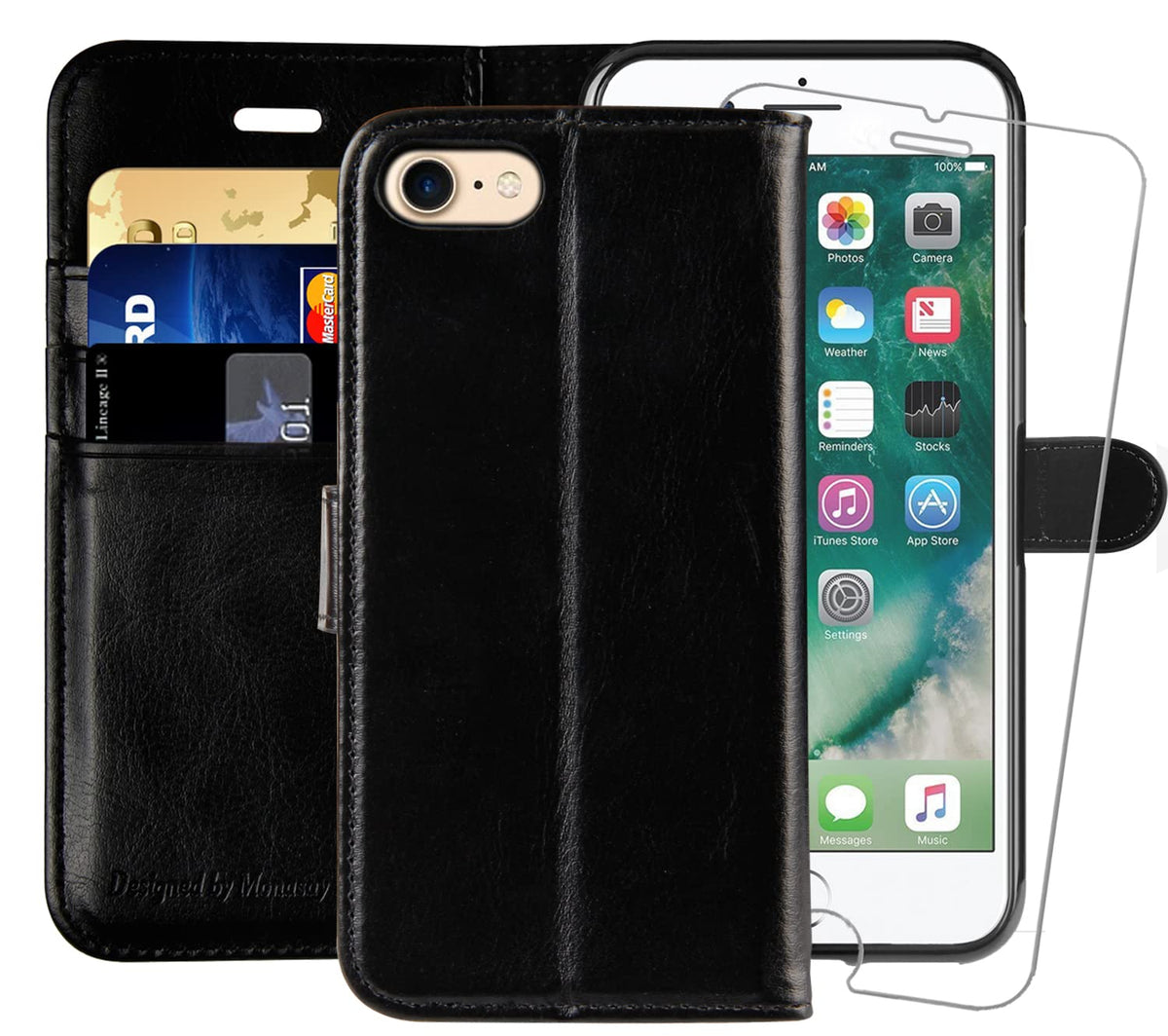 Monasay Iphone 6 Wallet Case/Iphone 6S Wallet Case, 4.7-Inch, [Glass Screen Protector Included] [Rfid Blocking] Flip Folio Leath