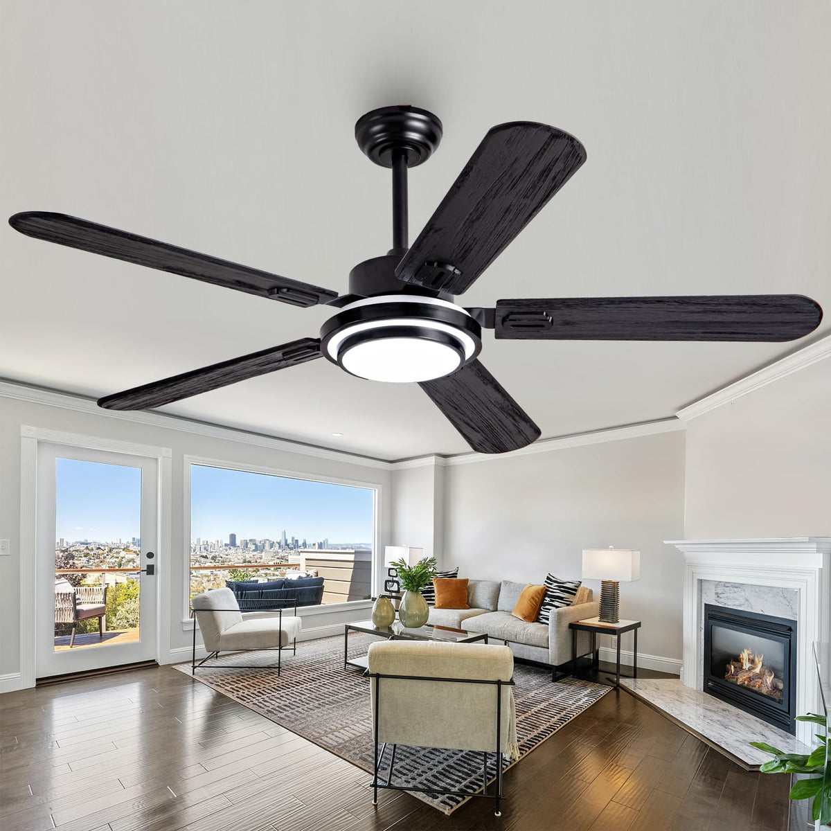 Ceversa 52 Inch Black Ceiling Fans With Lights Remote Control, 5 Blades Thin Solid Wood Ceiling Fans For Bedroom,Living Room,Din