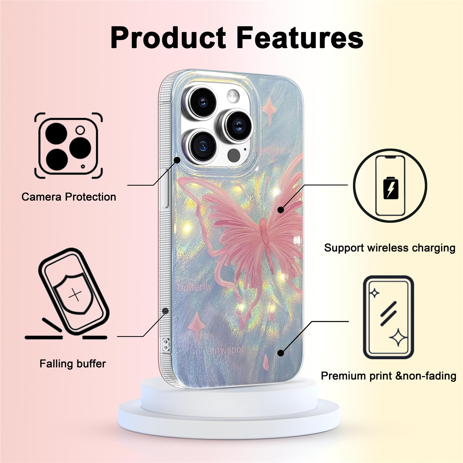 I Mgae In Ar Compact Case For Iphone 14 Pro Pale Pink Butterfly Design,Cute Trendy Soft Slim Tpu Shockproof Protective Phone Cas