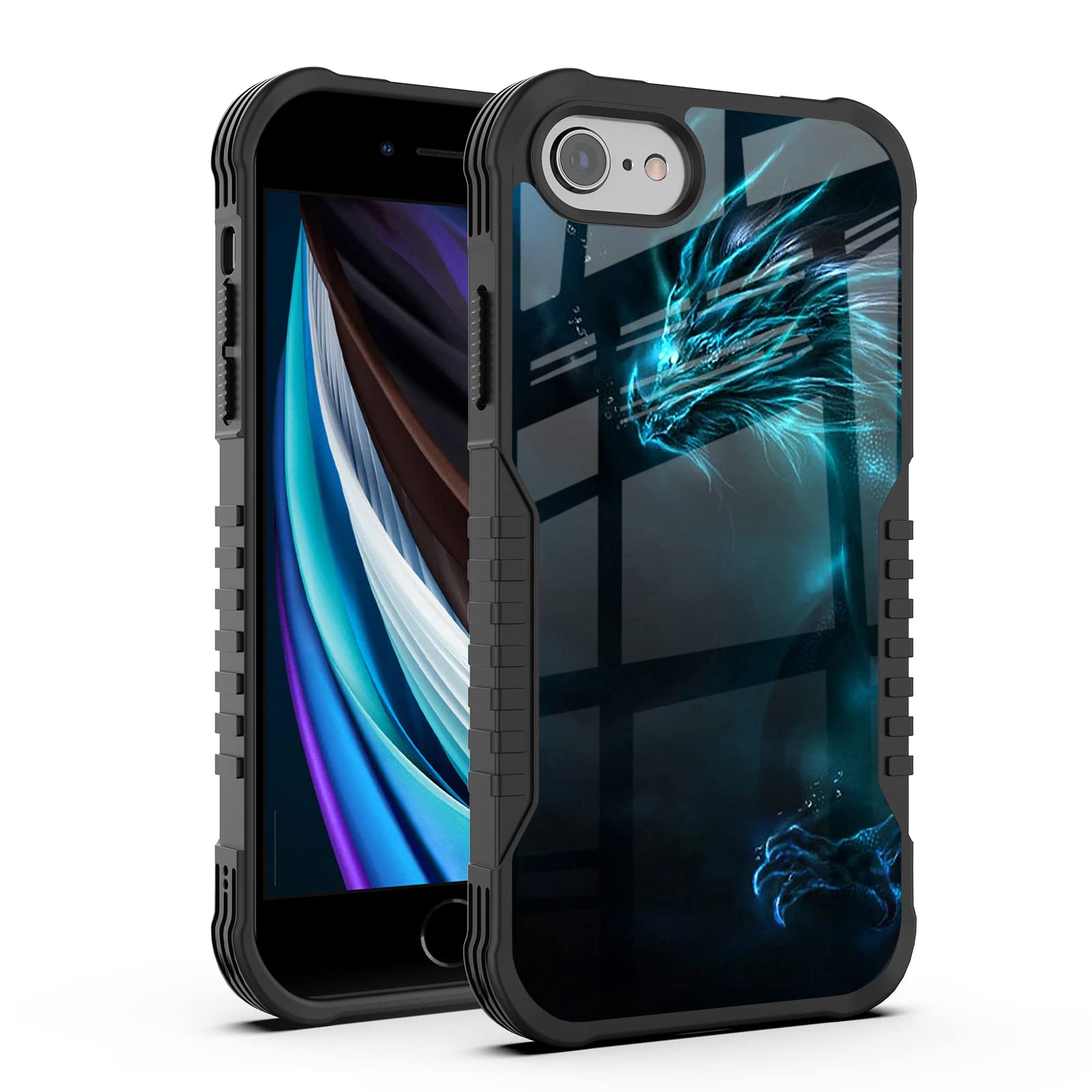 Iphone Se 2022/2020 Case For Men Boys, Cool Blue Dragon Design Heavy Duty Shockproof Hard Plastic Bumper +Soft Silicone Rubber P