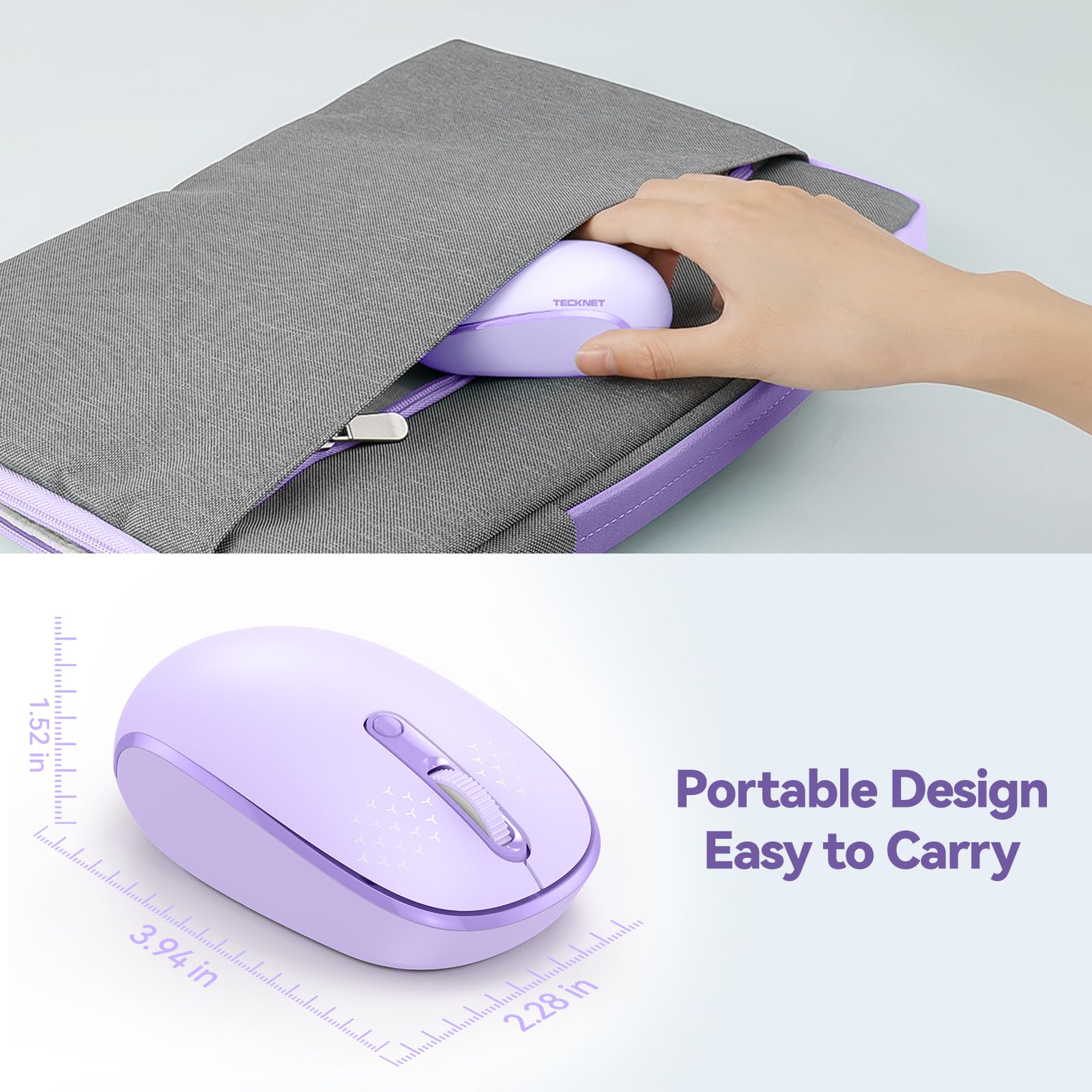 Tecknet Wireless Mouse, 2.4G Quiet Computer Mouse With Usb Receiver, 4 Buttons Portable Cordless Mice For Chromebook, Laptop, Pc, Mac, 800/1200/1600 Dpi   Purple