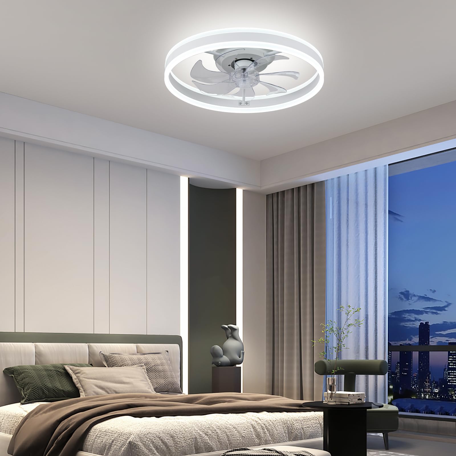 20'' Acrylic Low Profile Ceiling Fans With Lights And Remote, Dimmable Led Fandelier Ceiling Fan, Modern Bedroom Ceiling Fan Wit